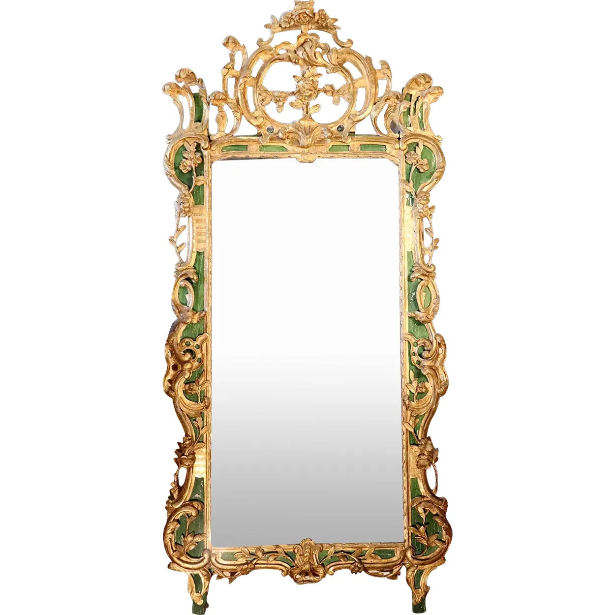 Important Large Italian Rococo Gilt and Painted Diamond Dust Mirror