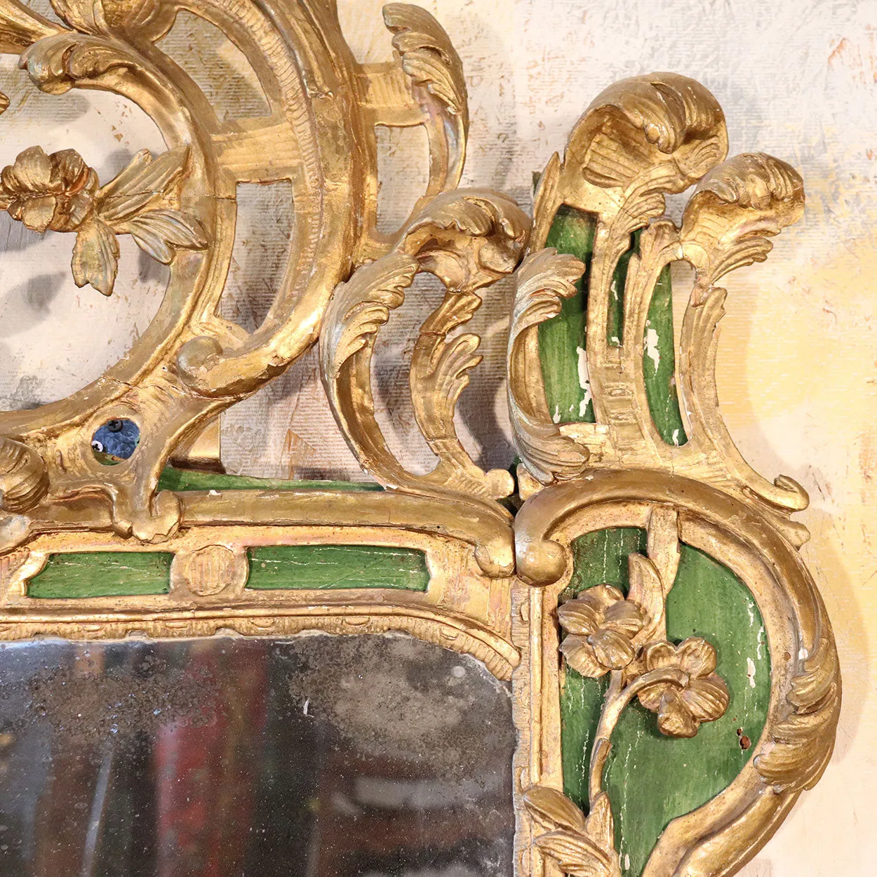 Important Large Italian Rococo Gilt and Painted Diamond Dust Mirror