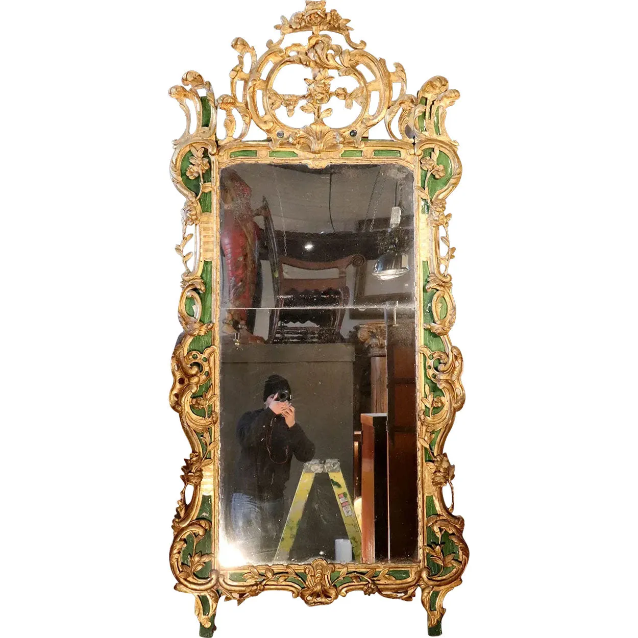 Important Large Italian Rococo Gilt and Painted Diamond Dust Mirror