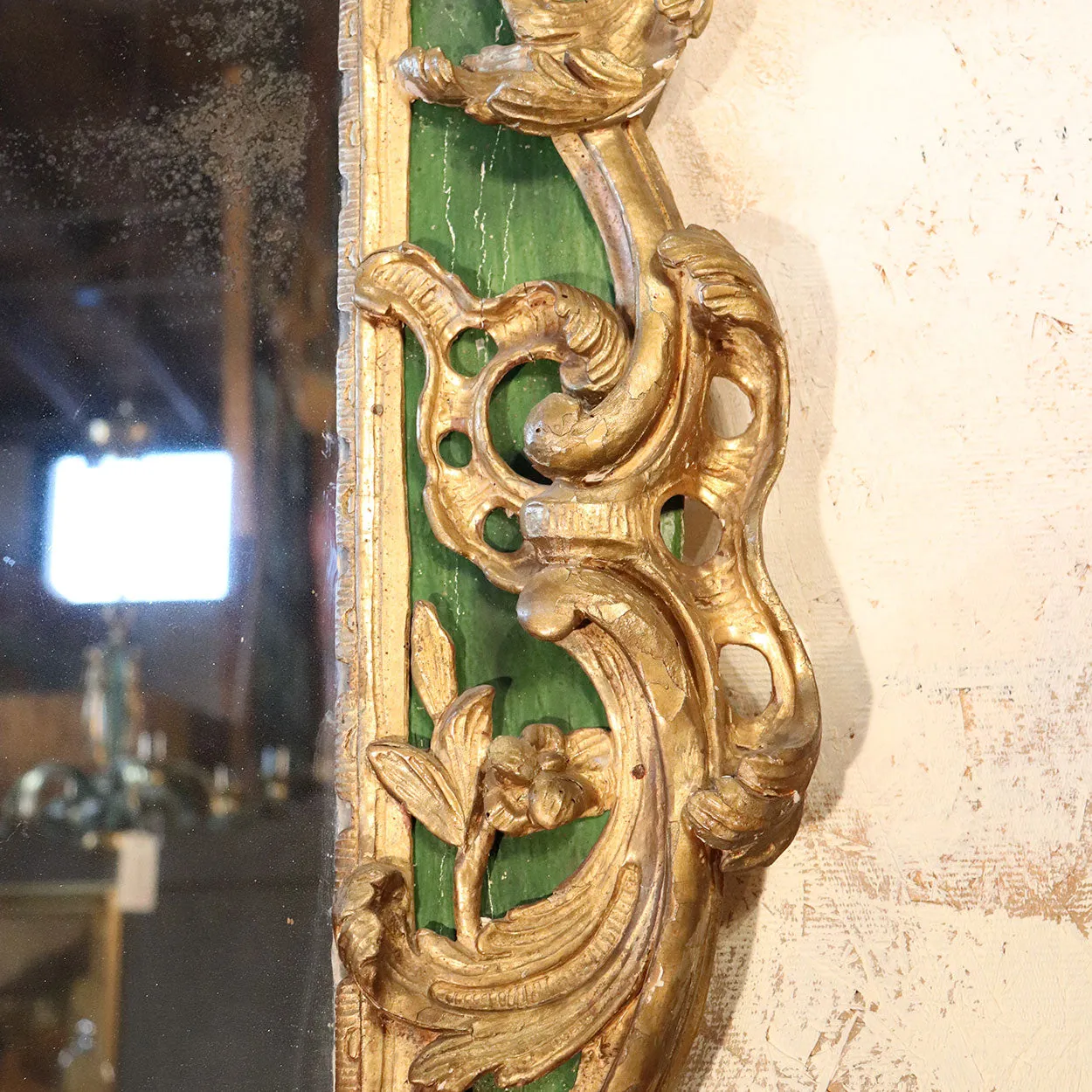 Important Large Italian Rococo Gilt and Painted Diamond Dust Mirror