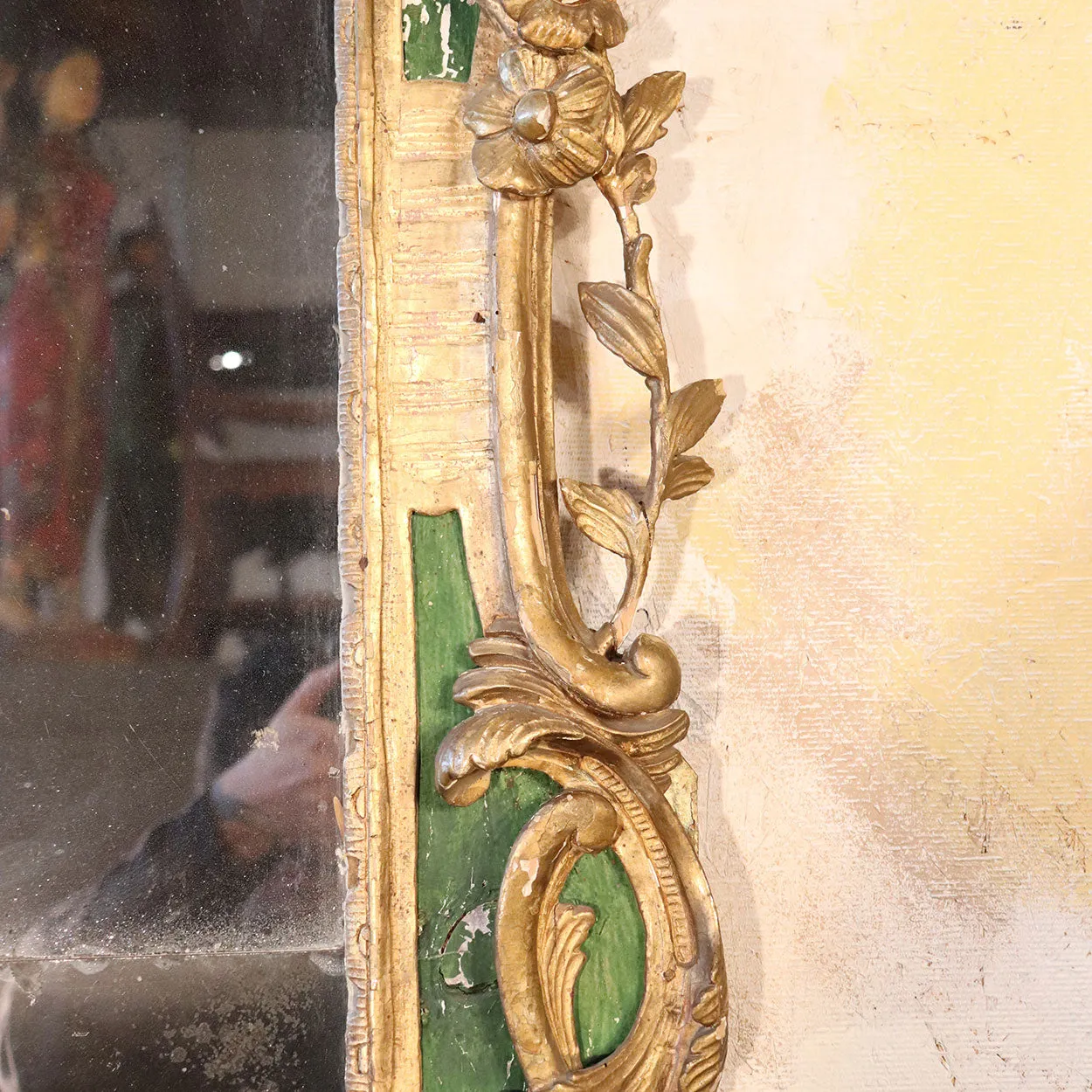 Important Large Italian Rococo Gilt and Painted Diamond Dust Mirror