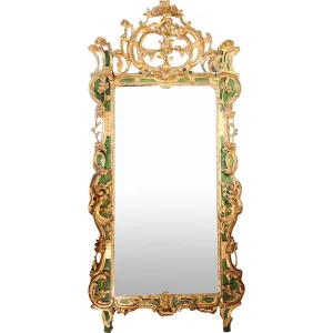 Important Large Italian Rococo Gilt and Painted Diamond Dust Mirror