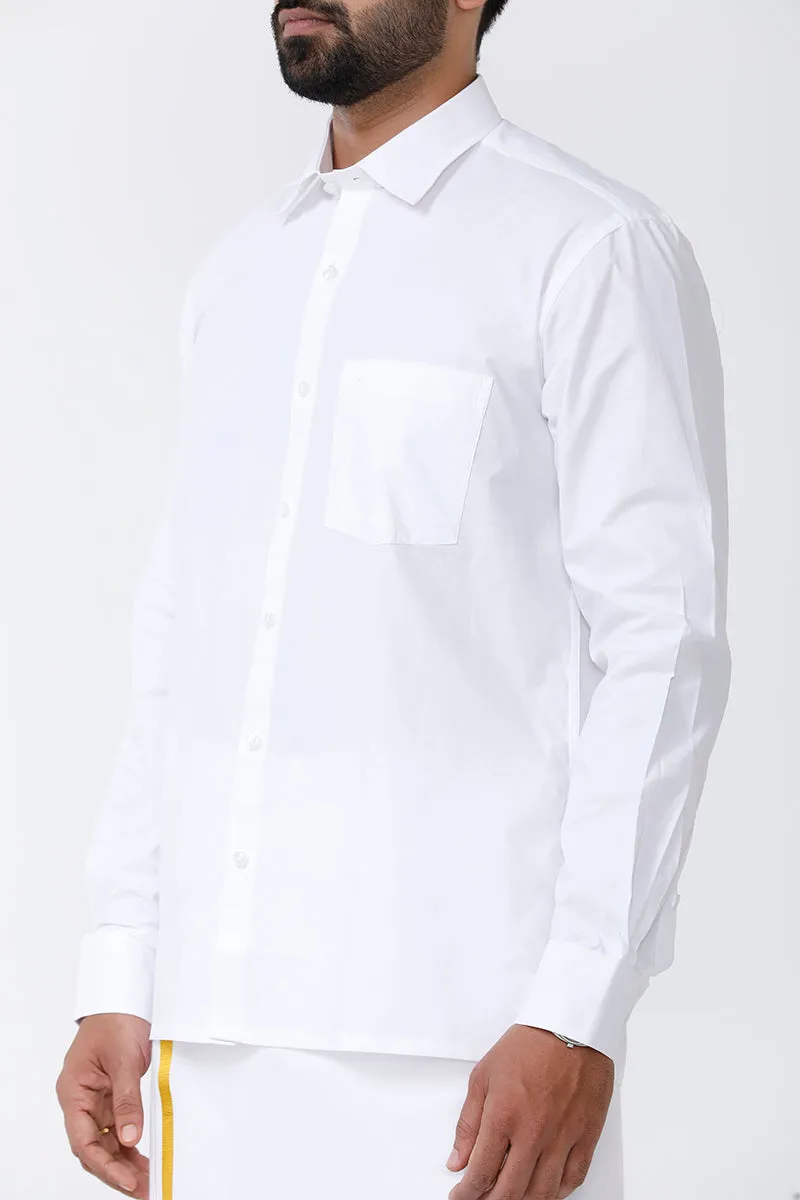 Kalyanam - White Shirt and Jari Double Layered Dhoti With Towel 3in1 Wedding Set For Mens | Uathayam