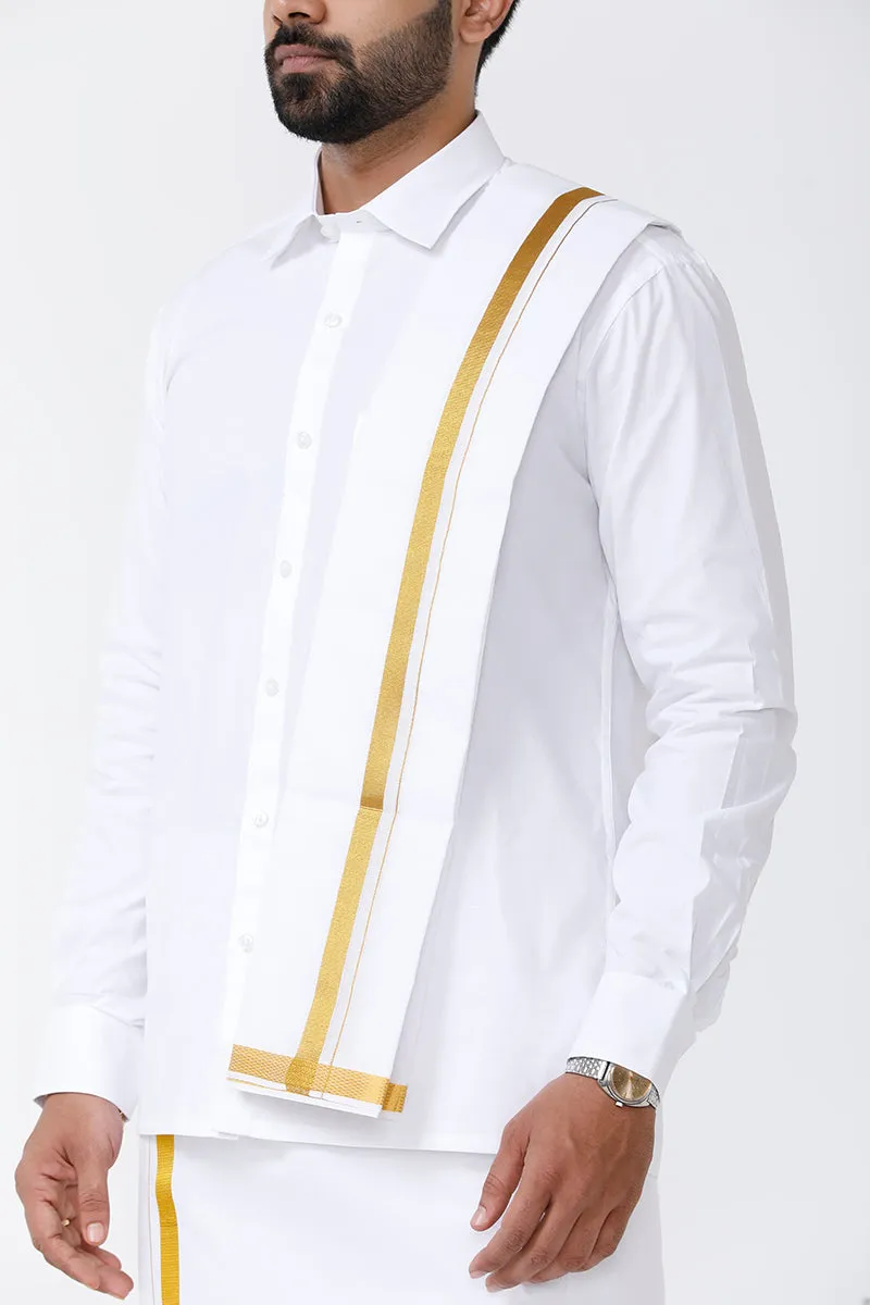 Kalyanam - White Shirt and Jari Double Layered Dhoti With Towel 3in1 Wedding Set For Mens | Uathayam