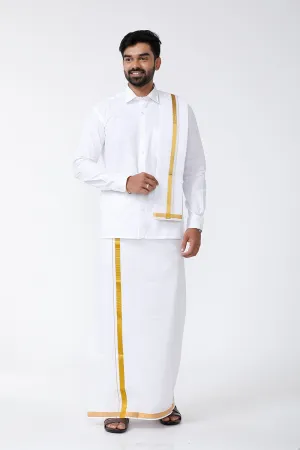 Kalyanam - White Shirt and Jari Double Layered Dhoti With Towel 3in1 Wedding Set For Mens | Uathayam
