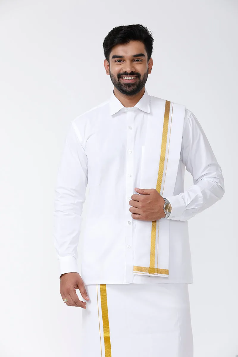 Kalyanam - White Shirt and Jari Double Layered Dhoti With Towel 3in1 Wedding Set For Mens | Uathayam