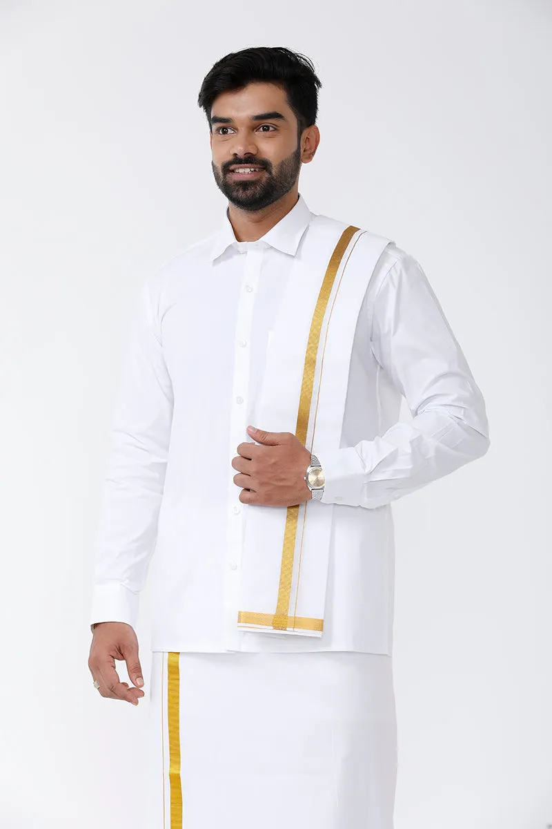 Kalyanam - White Shirt and Jari Double Layered Dhoti With Towel 3in1 Wedding Set For Mens | Uathayam