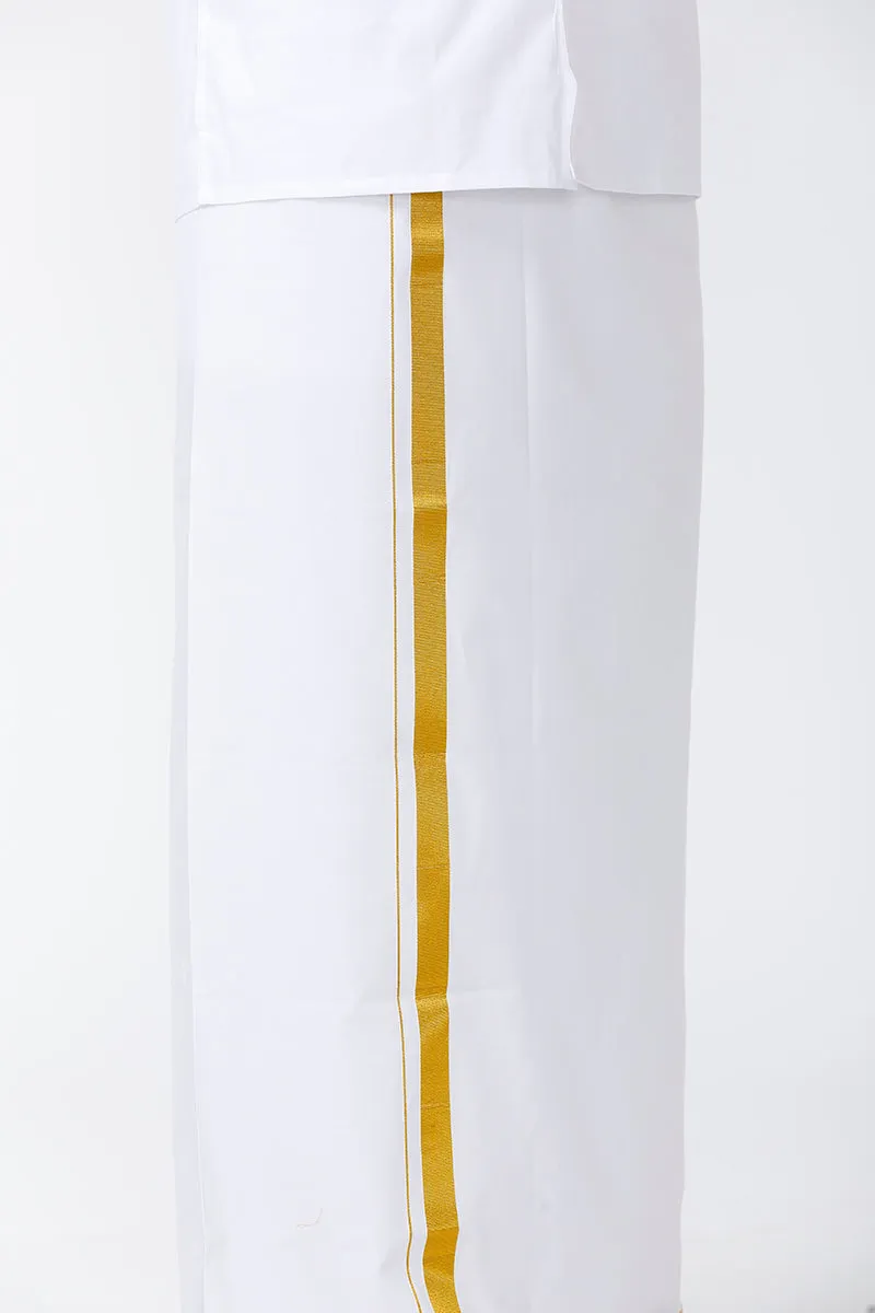 Kalyanam - White Shirt and Jari Double Layered Dhoti With Towel 3in1 Wedding Set For Mens | Uathayam