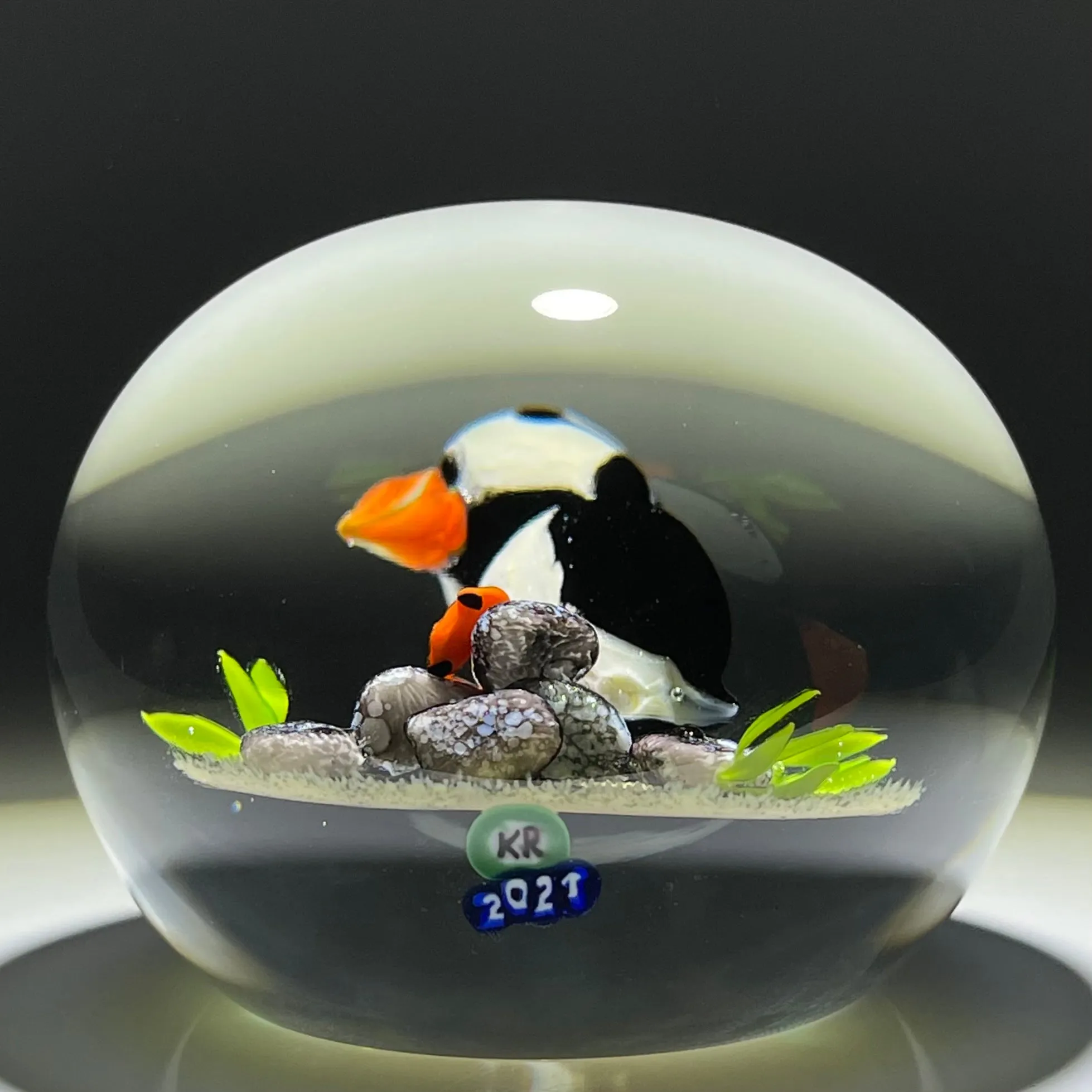 Ken Rosenfeld 2021 Flamework Puffin Seabird on Shoreline Rocks
