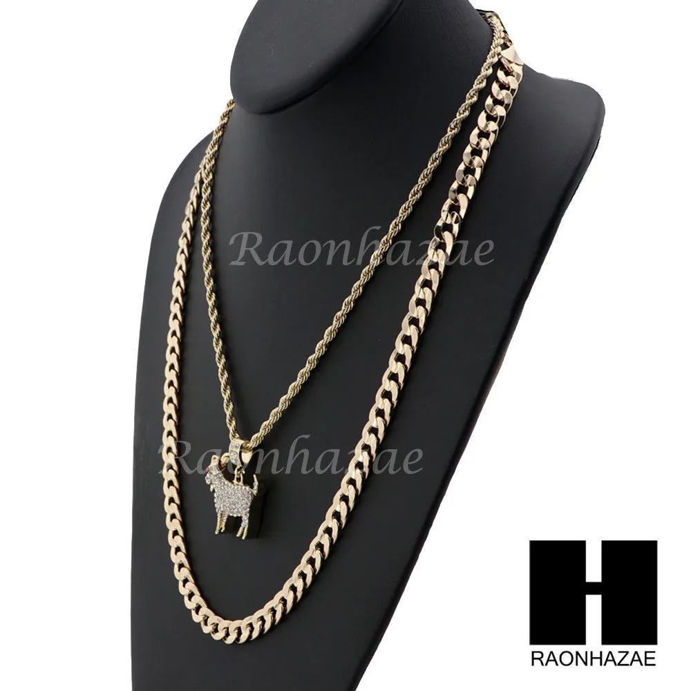 KODAK BLACK GOAT CHARM DIAMOND CUT 30" CUBAN CHAIN NECKLACE SET G24