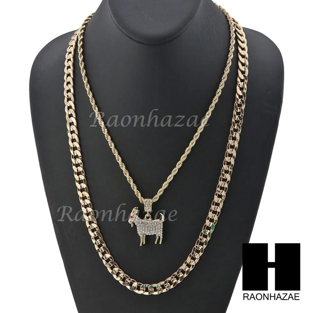 KODAK BLACK GOAT CHARM DIAMOND CUT 30" CUBAN CHAIN NECKLACE SET G24
