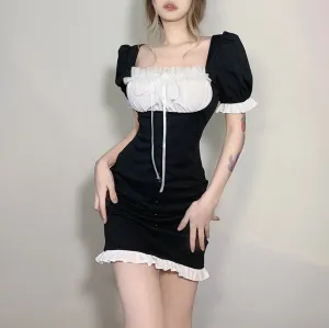 Lace Ribbon Puff Sleeve Black & White Slim Dress SD01803