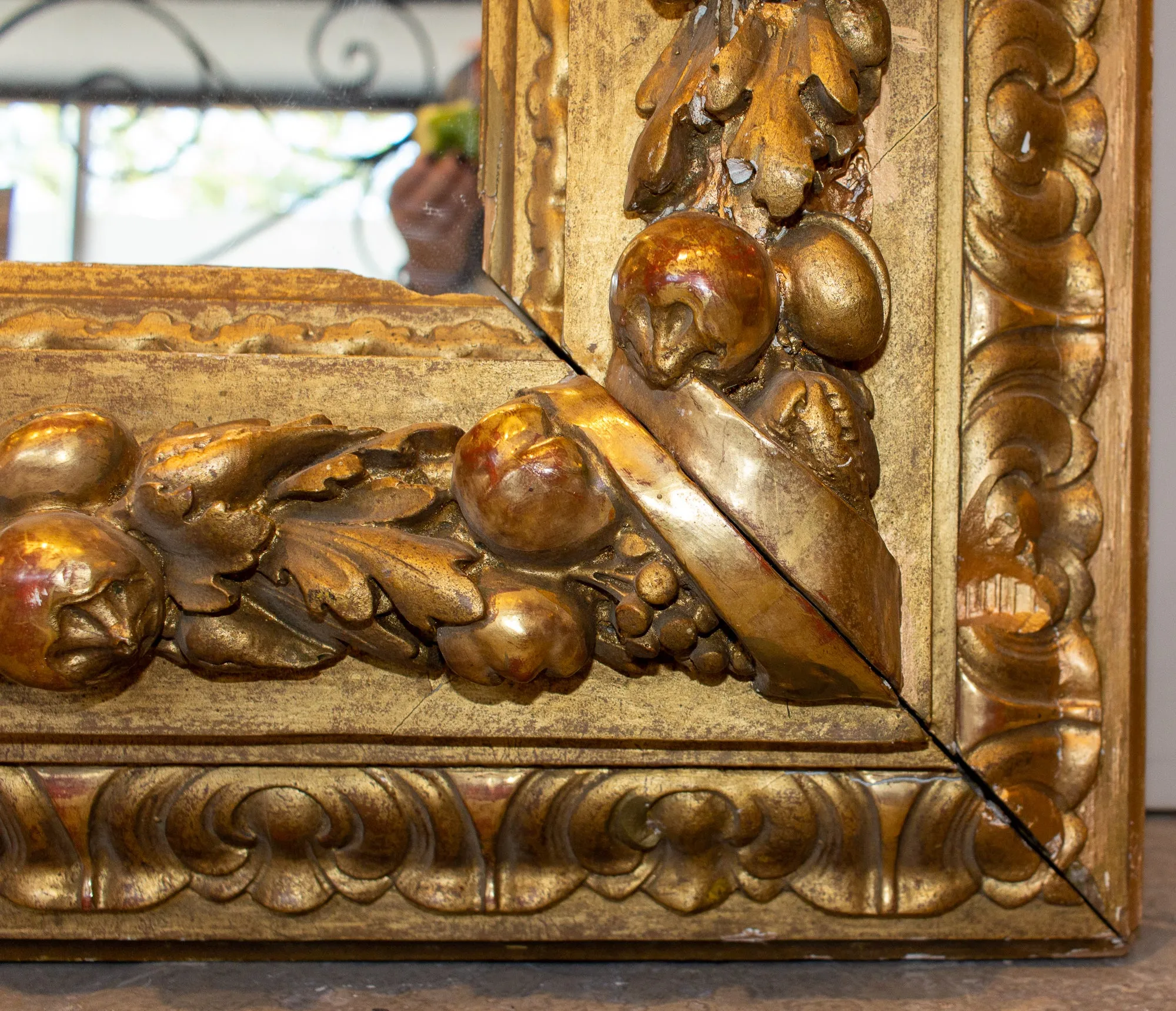 Large Antique French Gilt Floor Mirror with Carved Pomegranate & Leaf Details