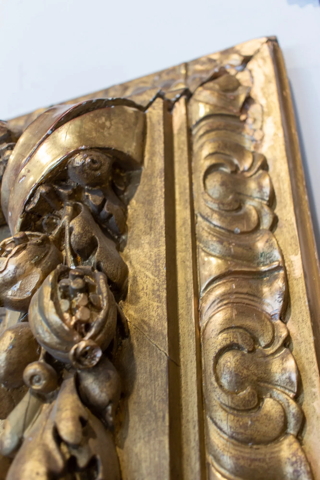 Large Antique French Gilt Floor Mirror with Carved Pomegranate & Leaf Details