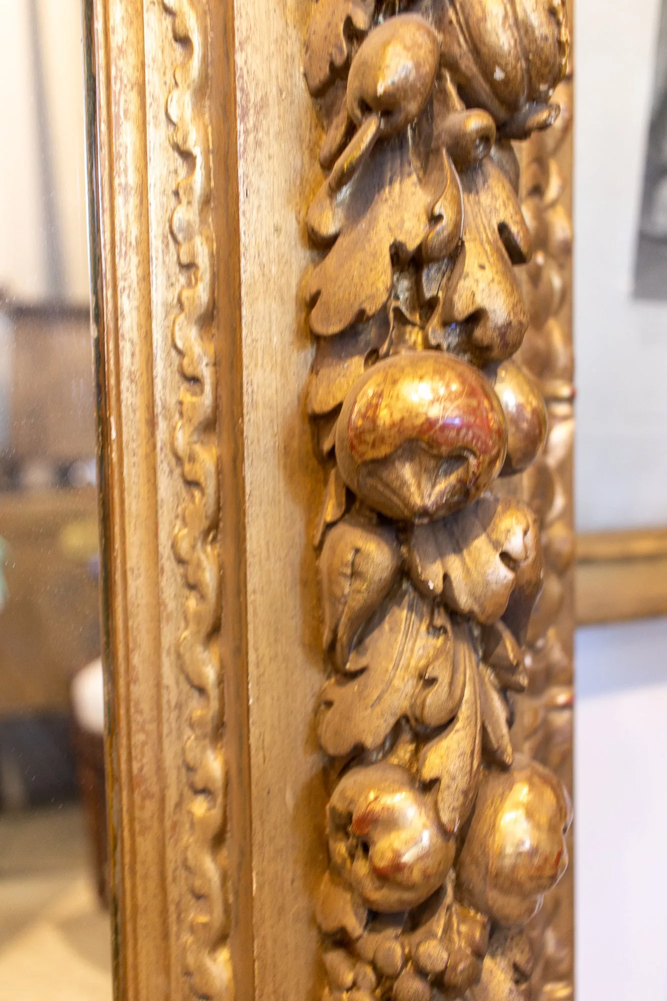 Large Antique French Gilt Floor Mirror with Carved Pomegranate & Leaf Details