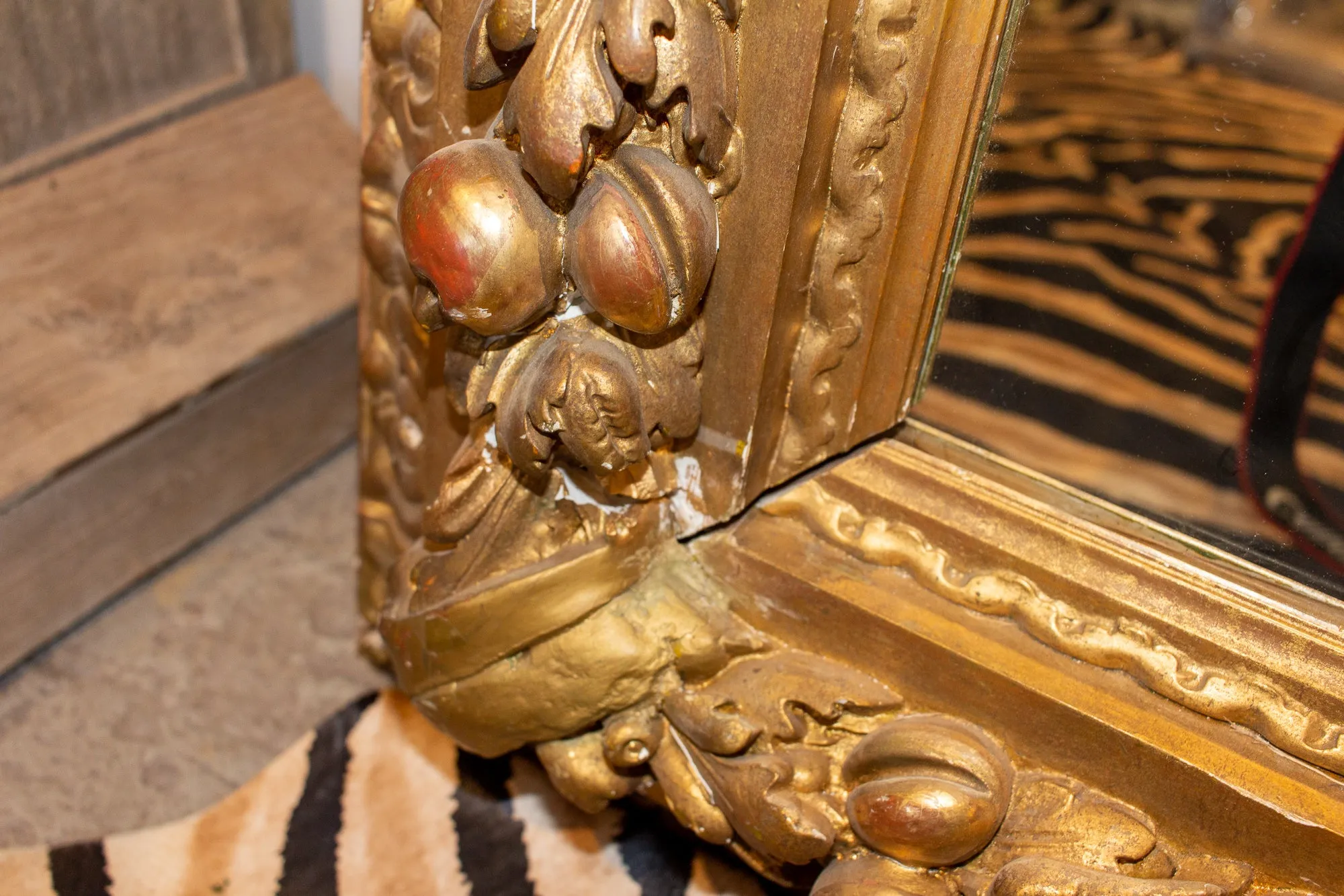 Large Antique French Gilt Floor Mirror with Carved Pomegranate & Leaf Details