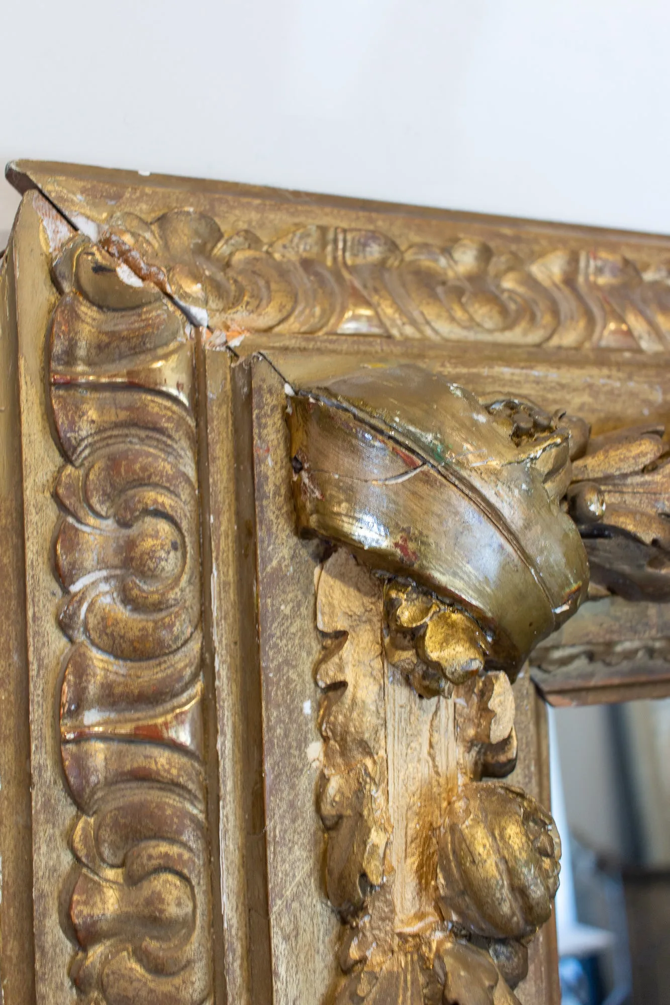 Large Antique French Gilt Floor Mirror with Carved Pomegranate & Leaf Details