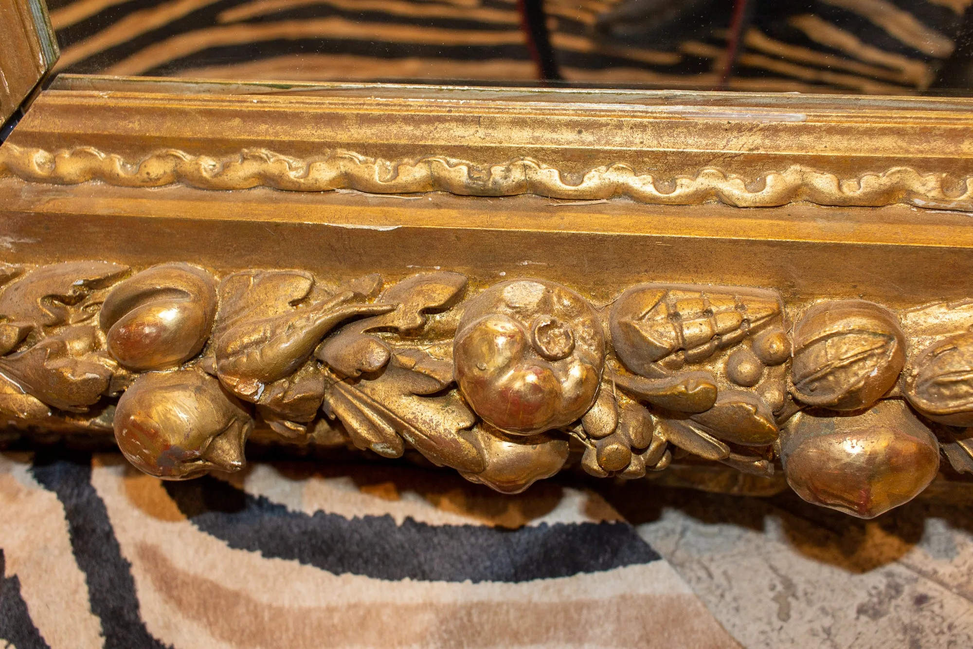 Large Antique French Gilt Floor Mirror with Carved Pomegranate & Leaf Details