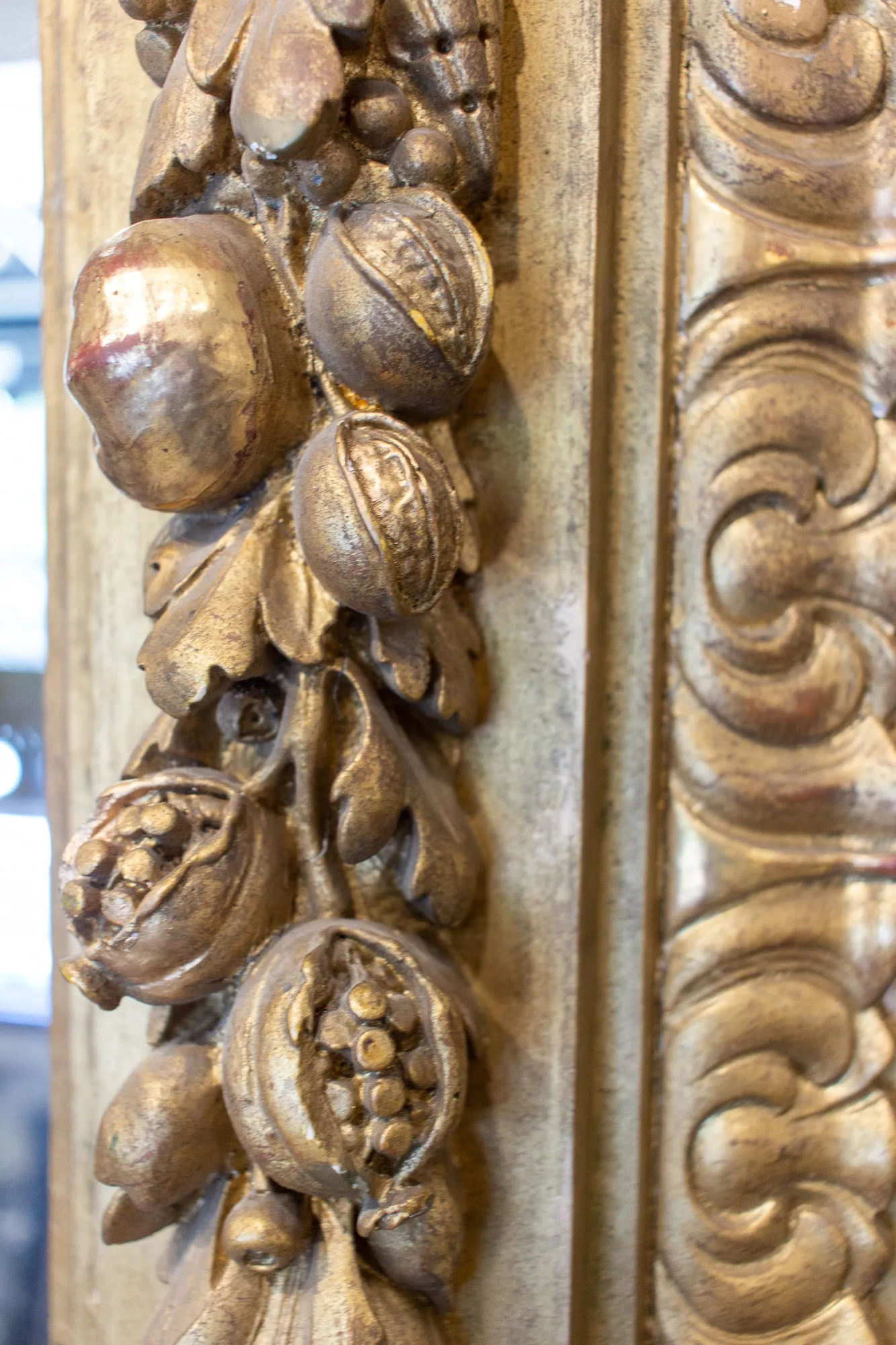 Large Antique French Gilt Floor Mirror with Carved Pomegranate & Leaf Details