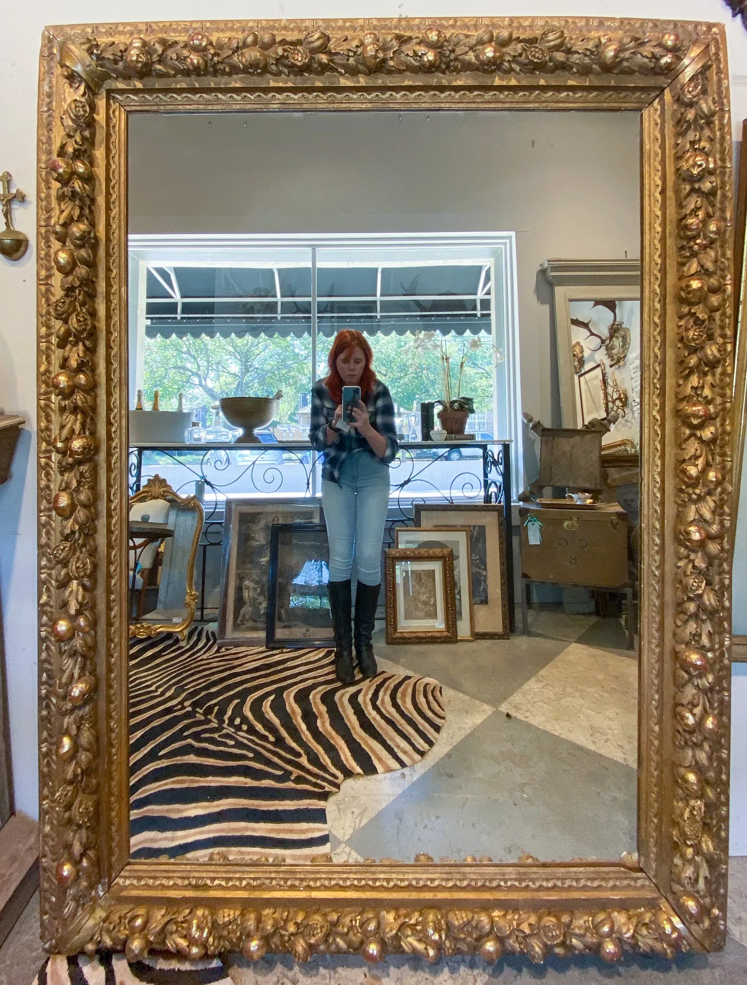 Large Antique French Gilt Floor Mirror with Carved Pomegranate & Leaf Details