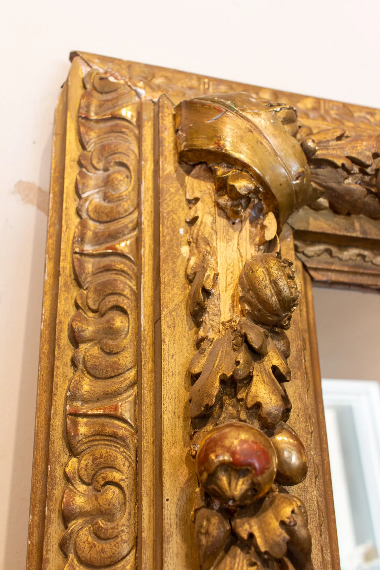 Large Antique French Gilt Floor Mirror with Carved Pomegranate & Leaf Details