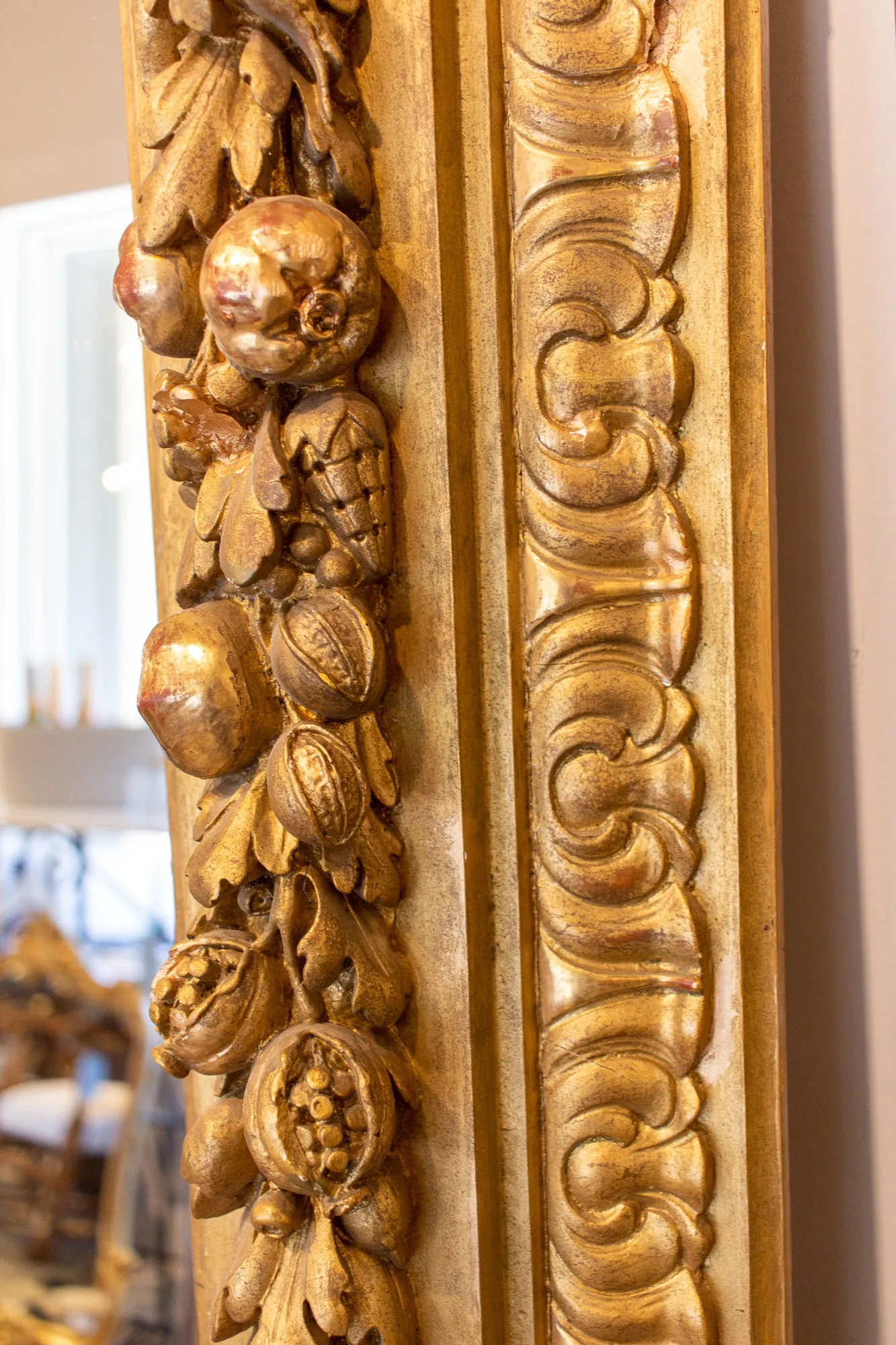 Large Antique French Gilt Floor Mirror with Carved Pomegranate & Leaf Details