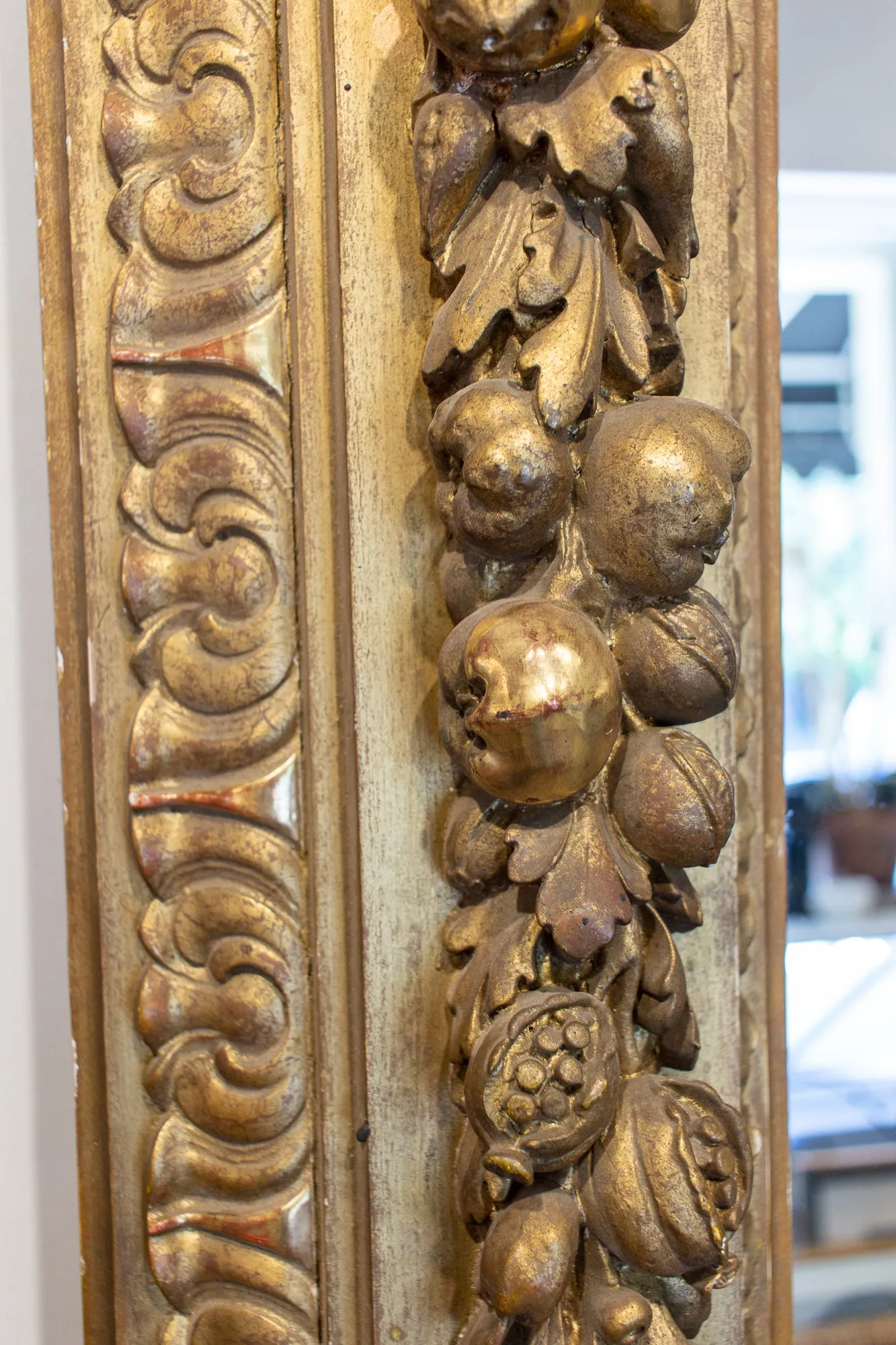 Large Antique French Gilt Floor Mirror with Carved Pomegranate & Leaf Details
