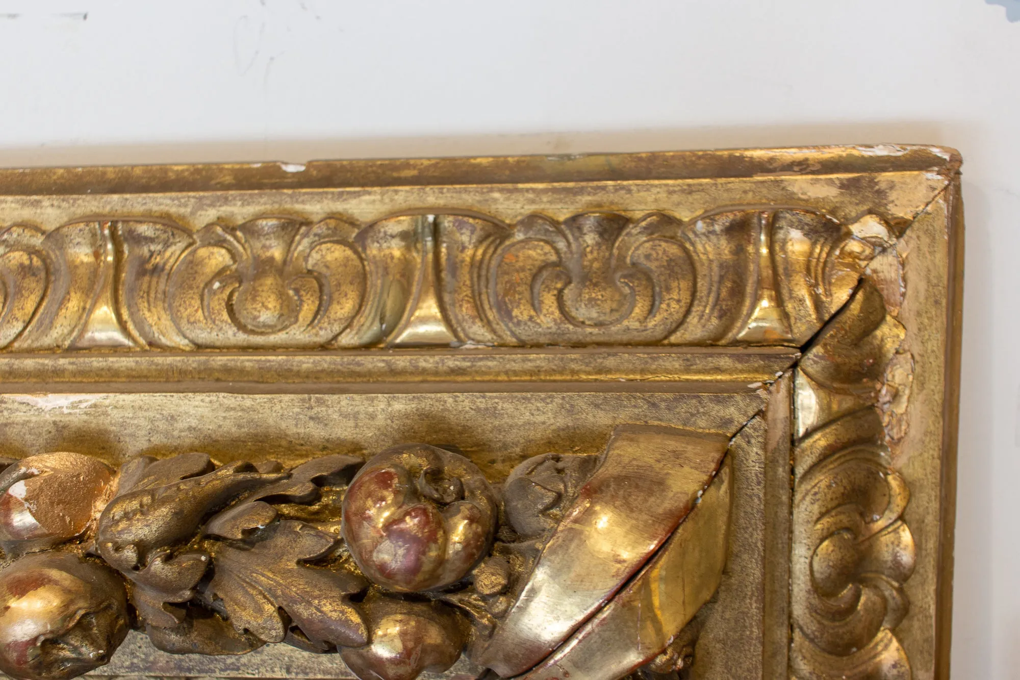 Large Antique French Gilt Floor Mirror with Carved Pomegranate & Leaf Details