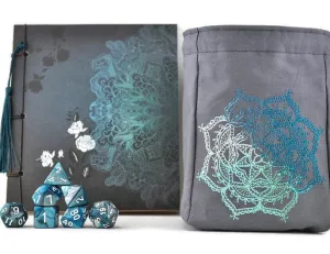 Large dice bag, dice and notebook, Medallion patterned