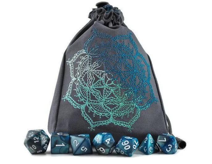 Large dice bag, dice and notebook, Medallion patterned