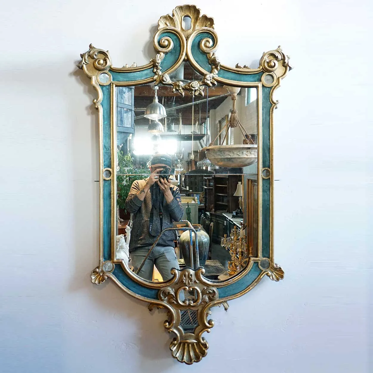 Large Italian Rococo Revival Pine Gilt and Green Painted Wall Mirror