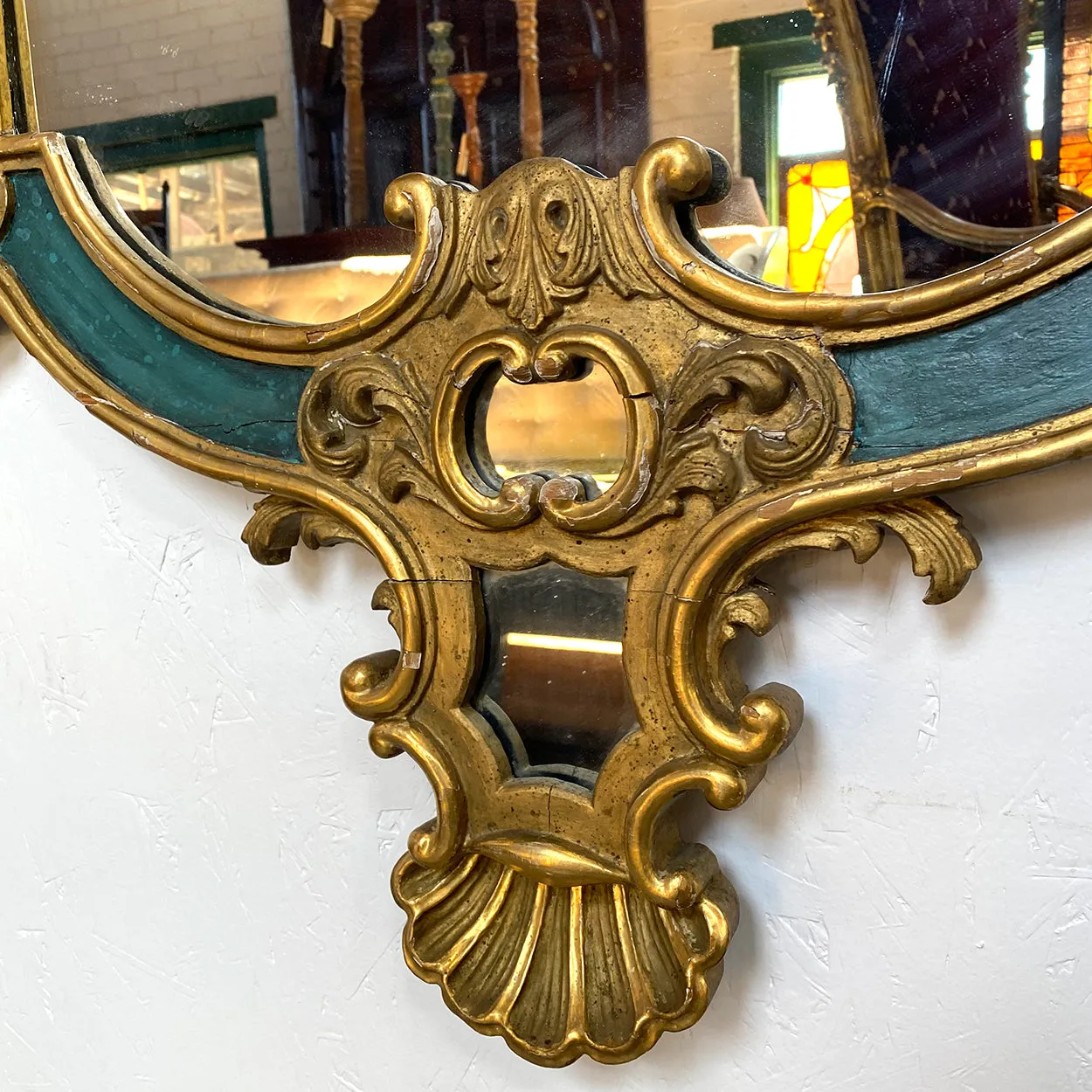 Large Italian Rococo Revival Pine Gilt and Green Painted Wall Mirror