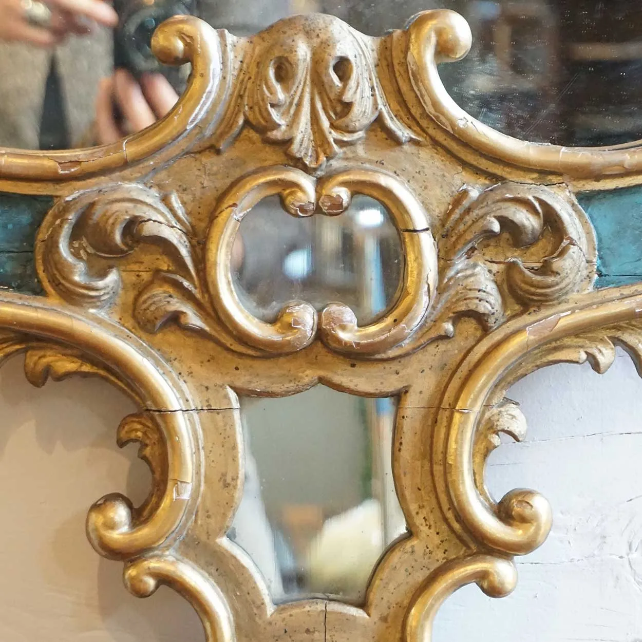 Large Italian Rococo Revival Pine Gilt and Green Painted Wall Mirror