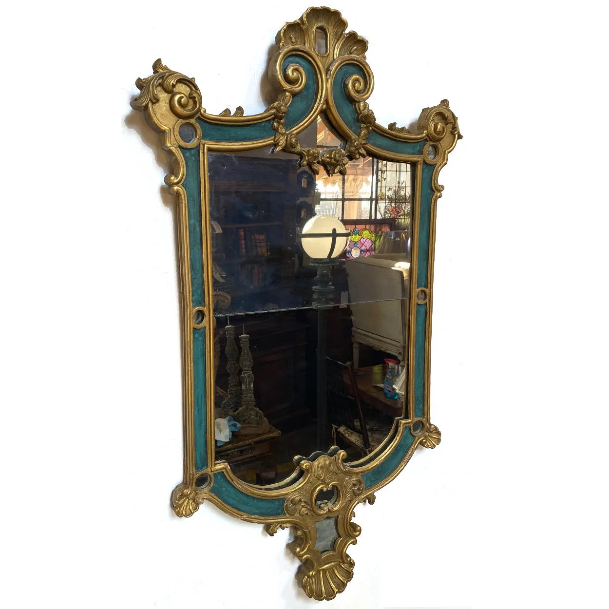 Large Italian Rococo Revival Pine Gilt and Green Painted Wall Mirror