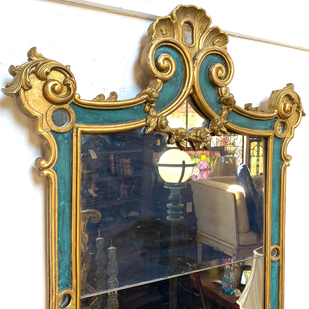 Large Italian Rococo Revival Pine Gilt and Green Painted Wall Mirror