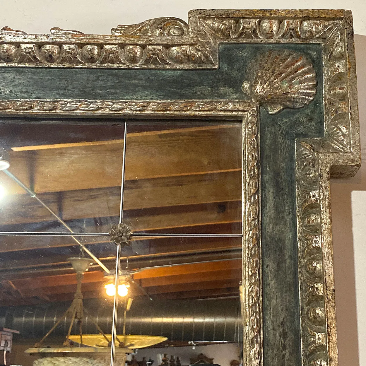 Large Italian Silver Gilt and Blue Painted Overmantel Custom Made Paneled Mirror
