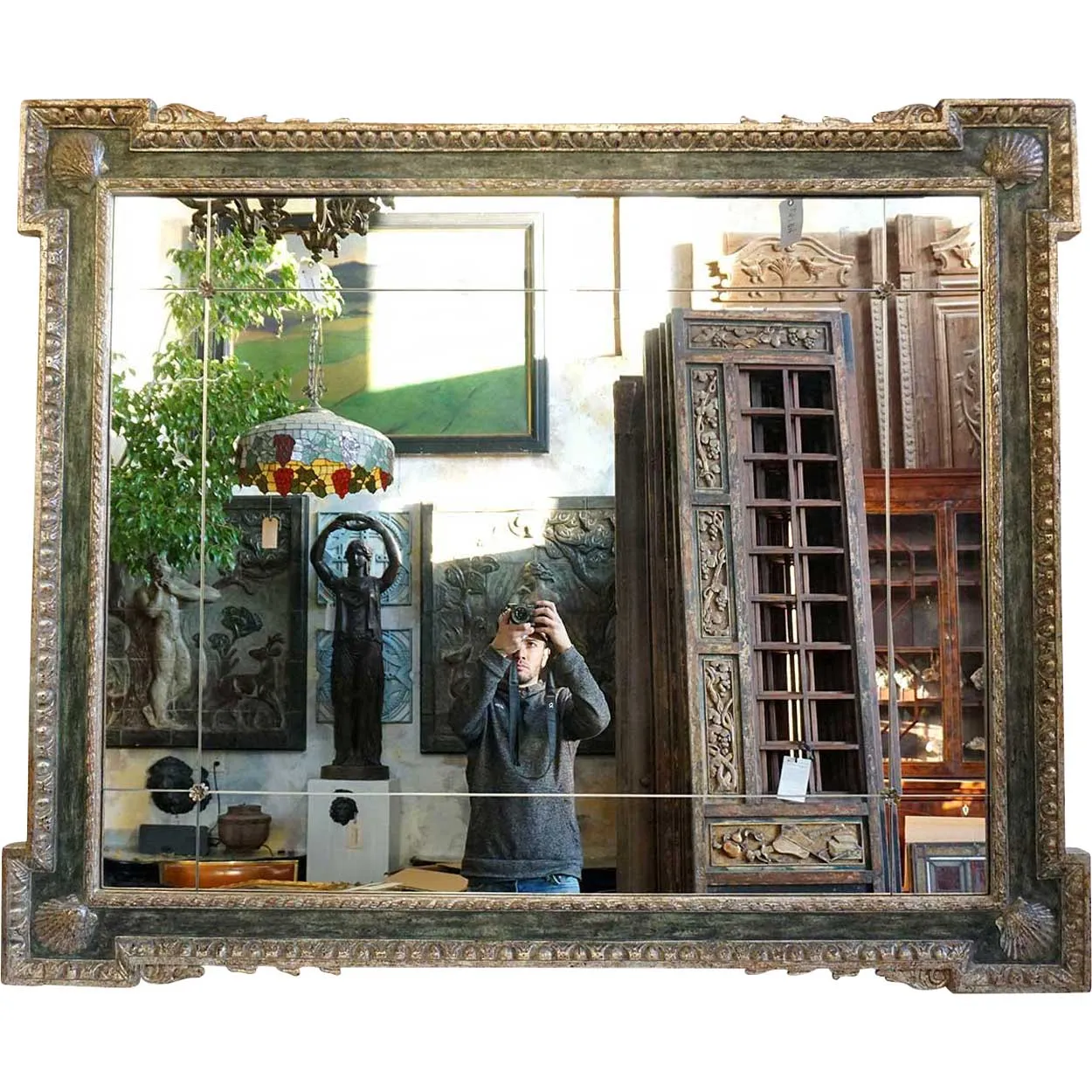 Large Italian Silver Gilt and Blue Painted Overmantel Custom Made Paneled Mirror