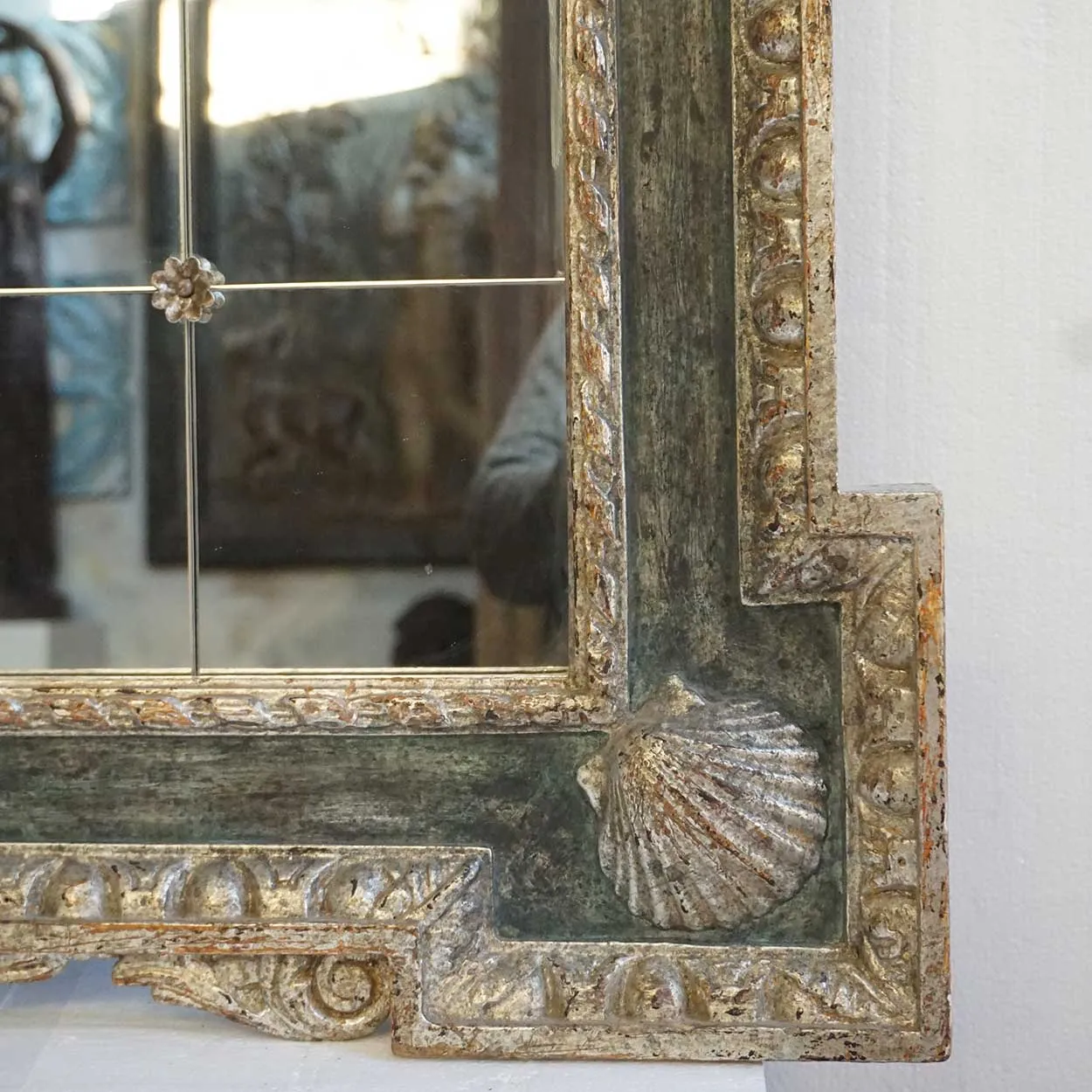 Large Italian Silver Gilt and Blue Painted Overmantel Custom Made Paneled Mirror
