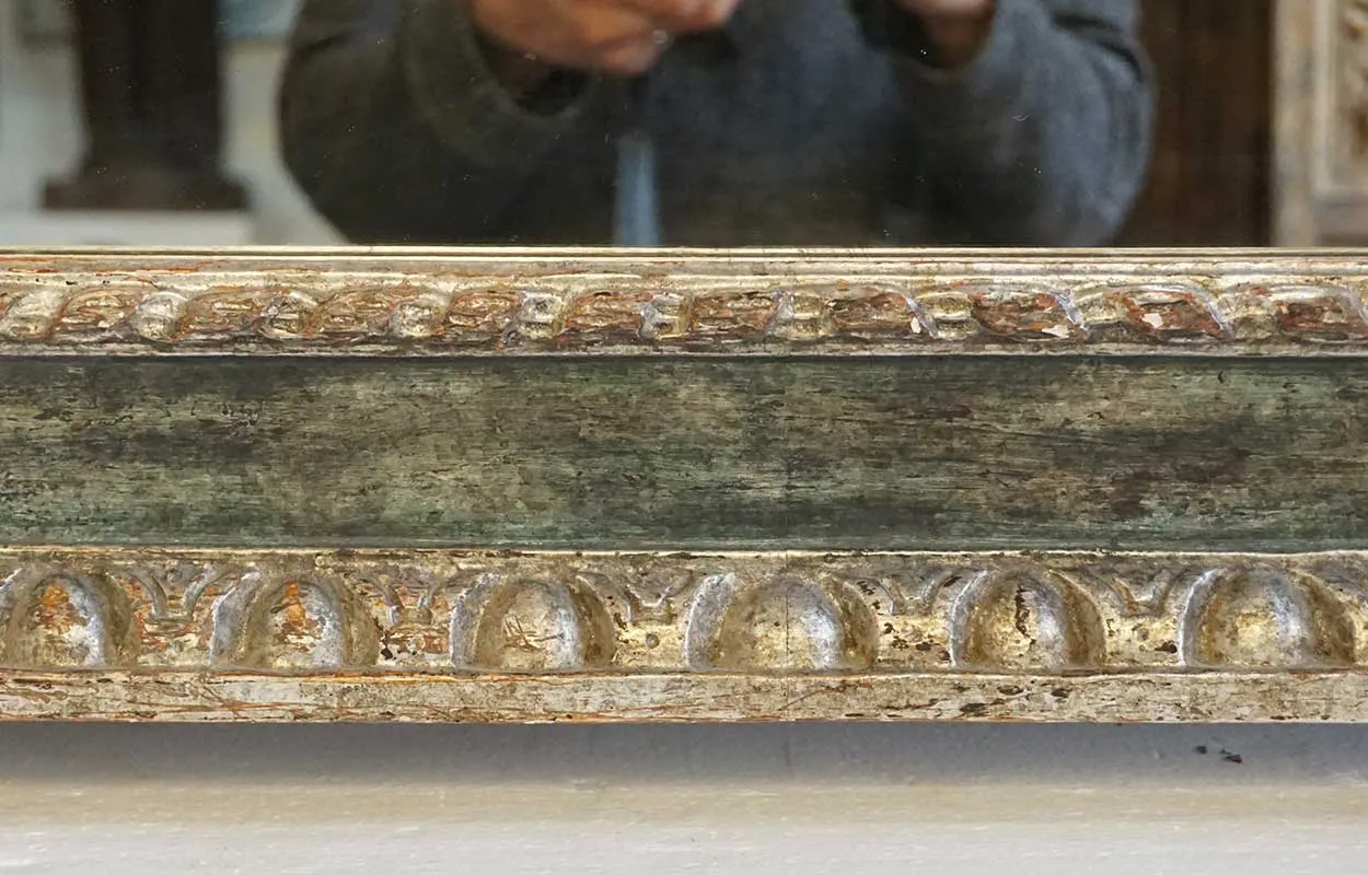 Large Italian Silver Gilt and Blue Painted Overmantel Custom Made Paneled Mirror