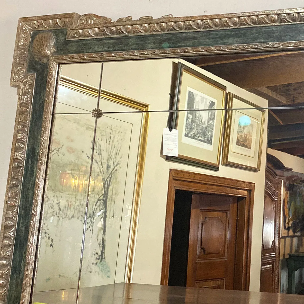 Large Italian Silver Gilt and Blue Painted Overmantel Custom Made Paneled Mirror