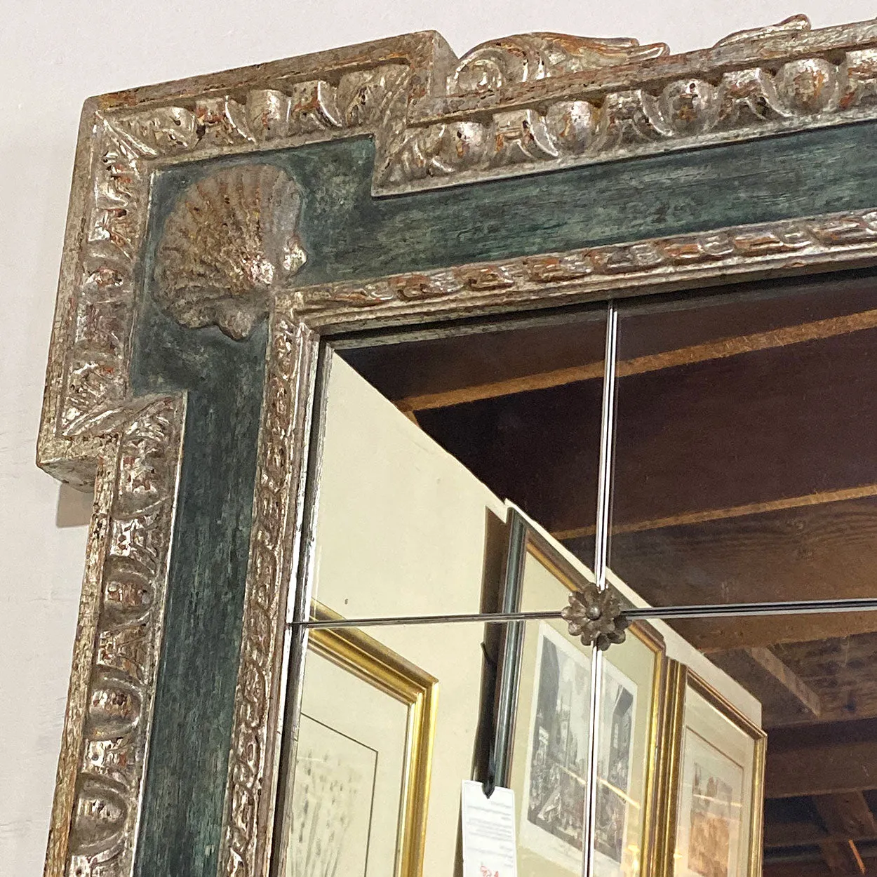 Large Italian Silver Gilt and Blue Painted Overmantel Custom Made Paneled Mirror