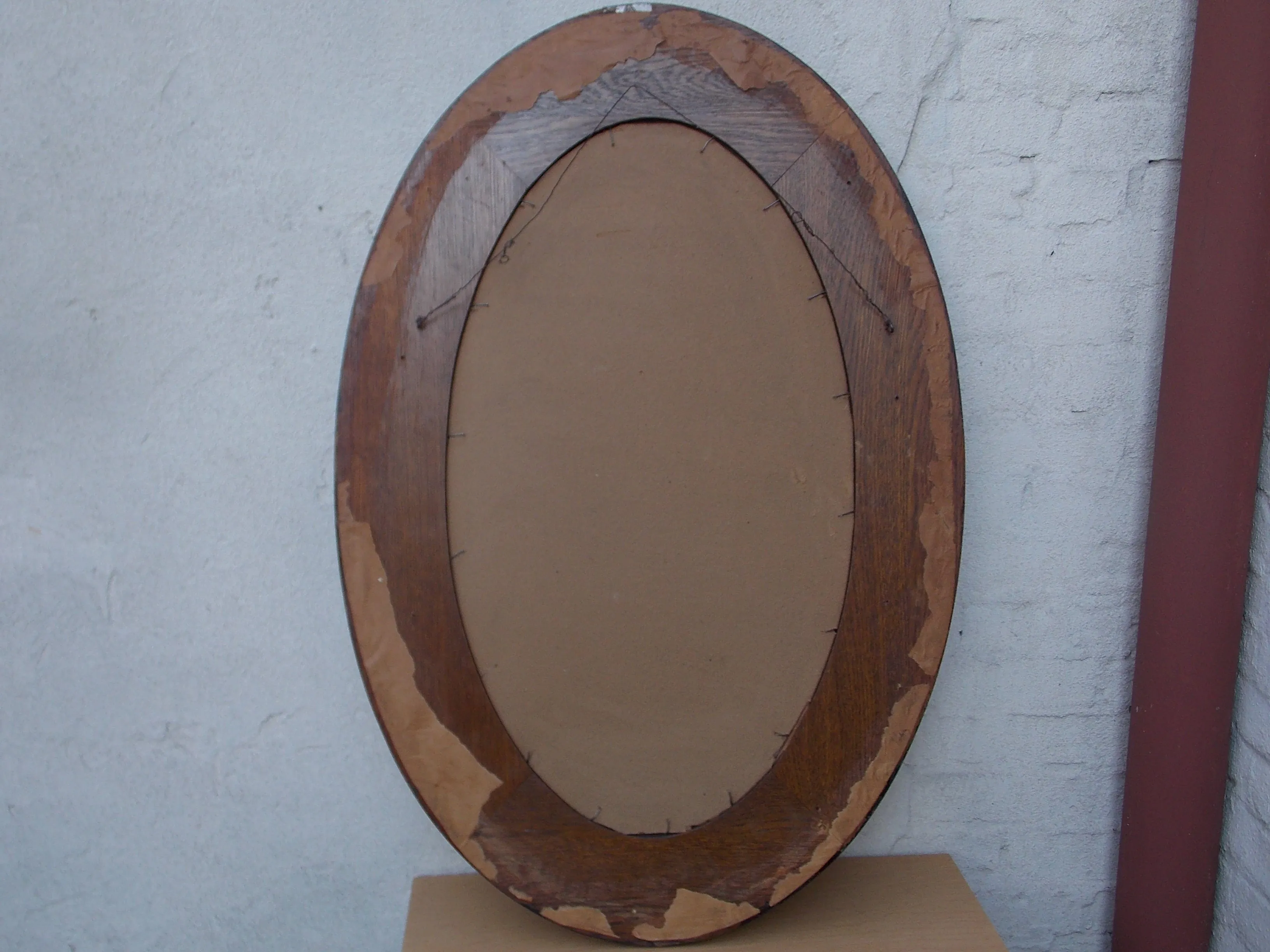 Large Oval Dark Wood Framed Beveled Mirror