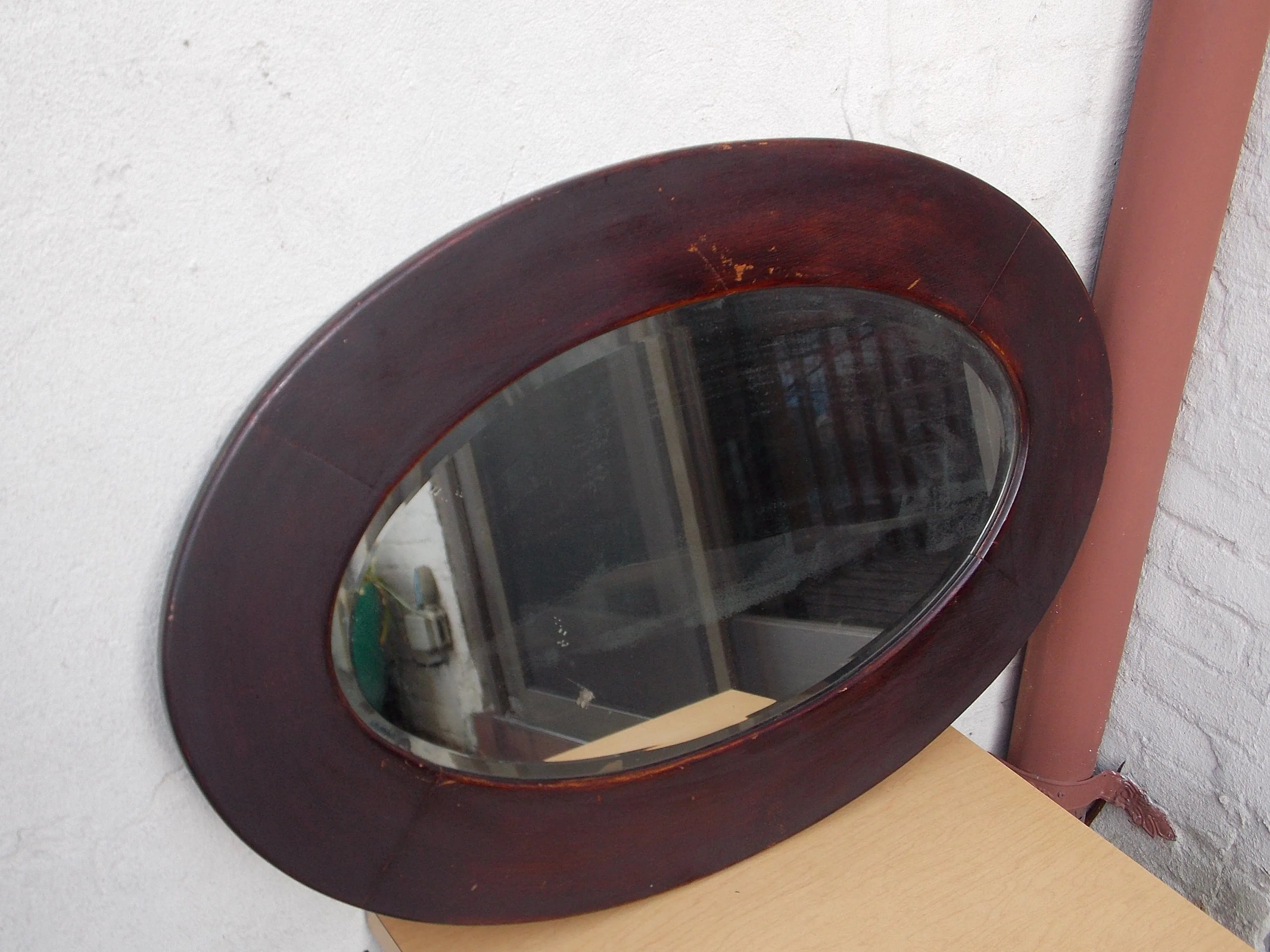 Large Oval Dark Wood Framed Beveled Mirror