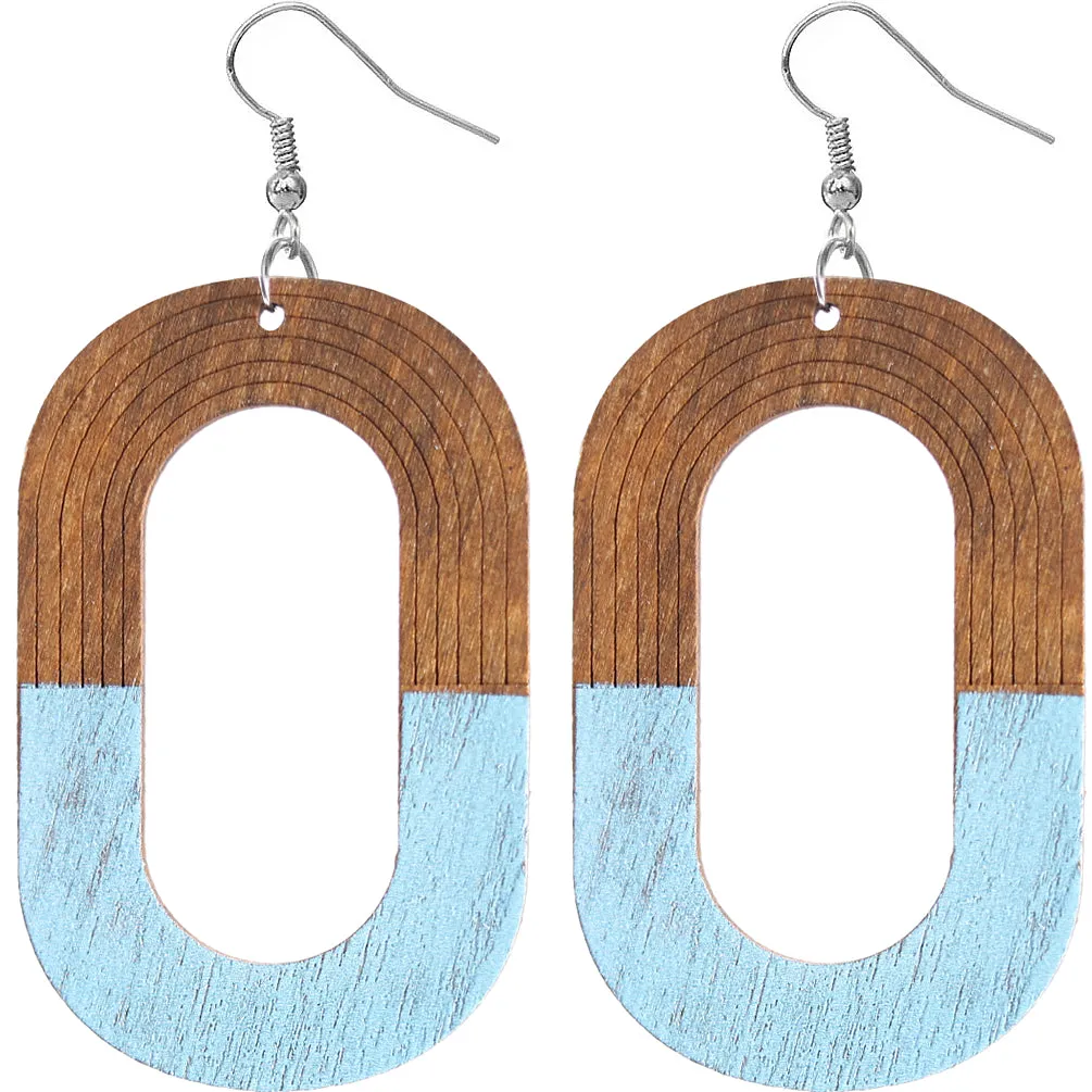Light Blue Oval Wooden Dangle Earrings