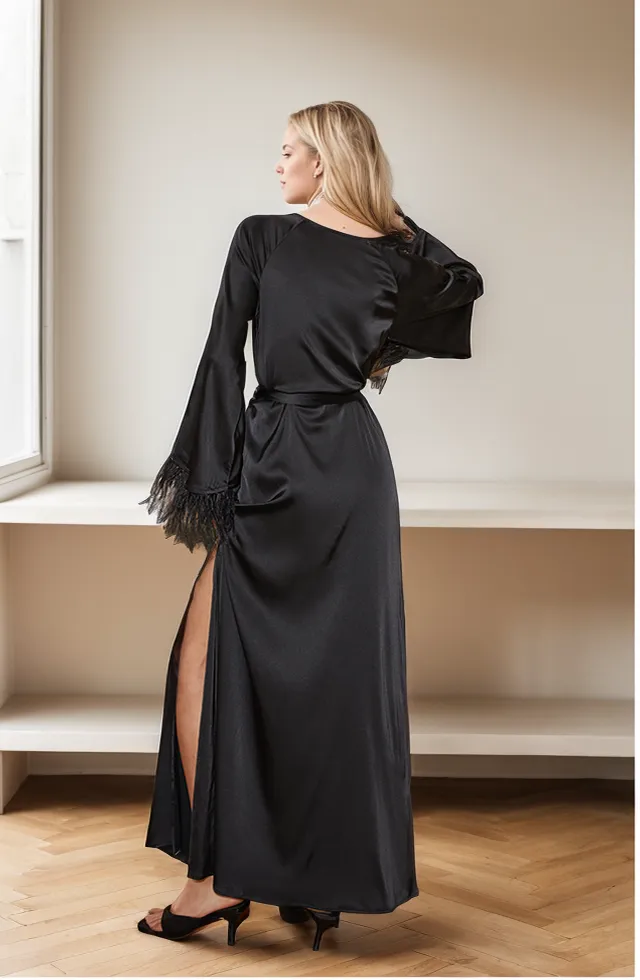Luxury Feather-Trimmed Satin Robe - Elegant Full-Length Lounge & Bridal Wear