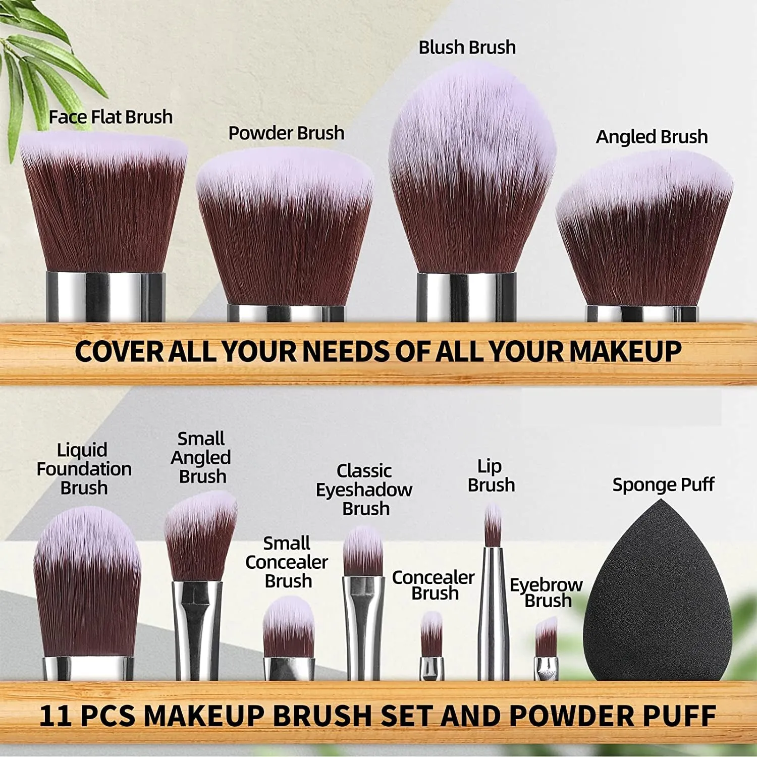 Makeup Brush Set 11Pcs Bamboo Synthetic Kabuki Brush Set Foundation Powder Blending Concealer Eye Shadows Blush Cosmetics Brushes with Organizer Bag & Makeup Sponge