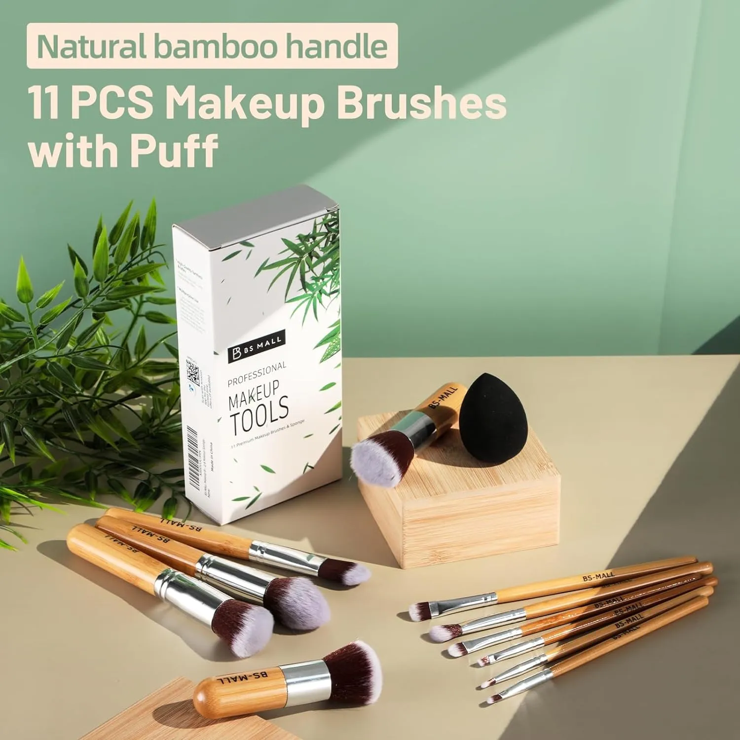 Makeup Brush Set 11Pcs Bamboo Synthetic Kabuki Brush Set Foundation Powder Blending Concealer Eye Shadows Blush Cosmetics Brushes with Organizer Bag & Makeup Sponge