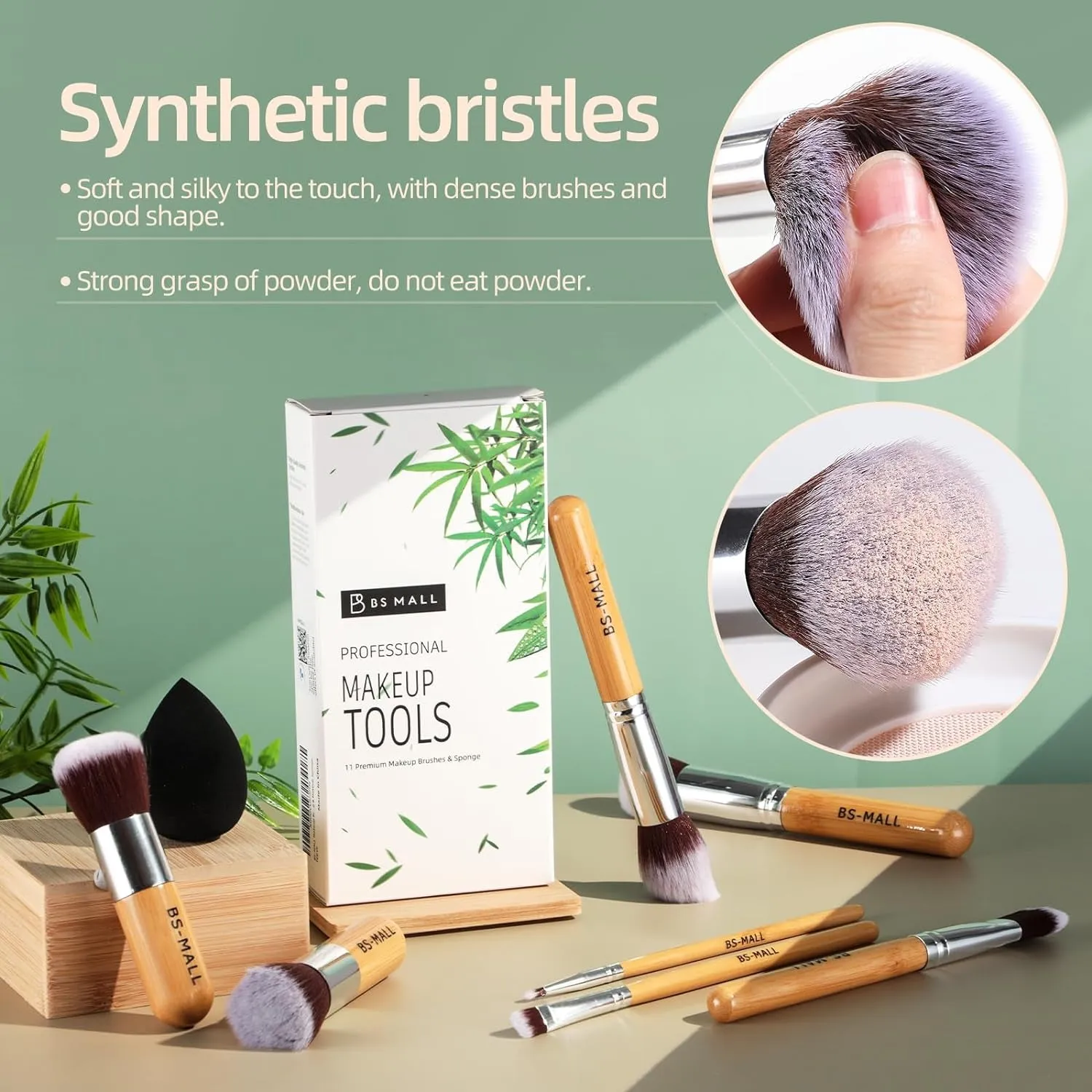 Makeup Brush Set 11Pcs Bamboo Synthetic Kabuki Brush Set Foundation Powder Blending Concealer Eye Shadows Blush Cosmetics Brushes with Organizer Bag & Makeup Sponge