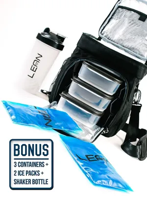 Meal Prep Bag by LEAN, 3 Portion Control Meal Prep Containers, Blender Shaker Bottle, 2 Reusable Gel Ice Packs, Smart Stack Shelf System, Heavy Insulated meal management lunch bag