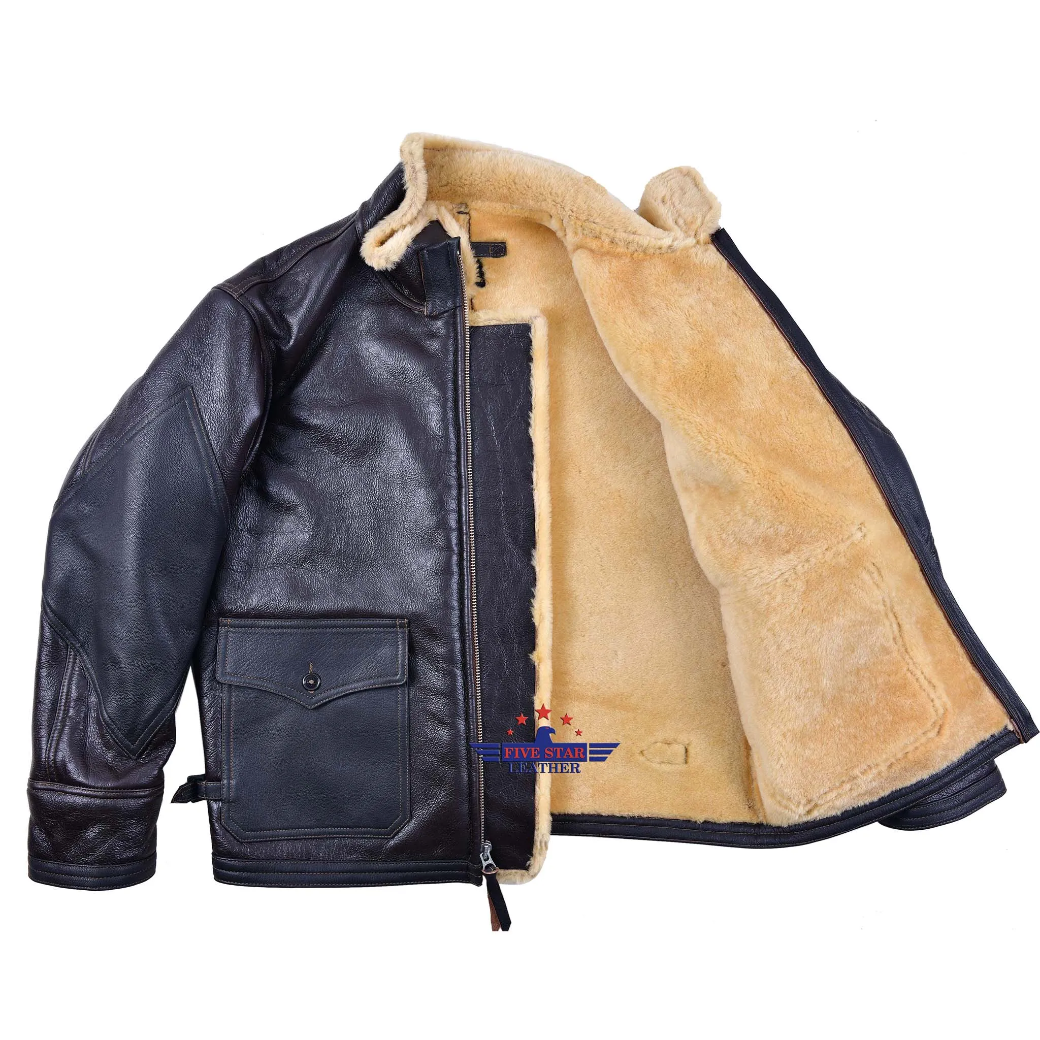 Men Aviator US Navy M-444 Sheepskin Leather Flight Jacket